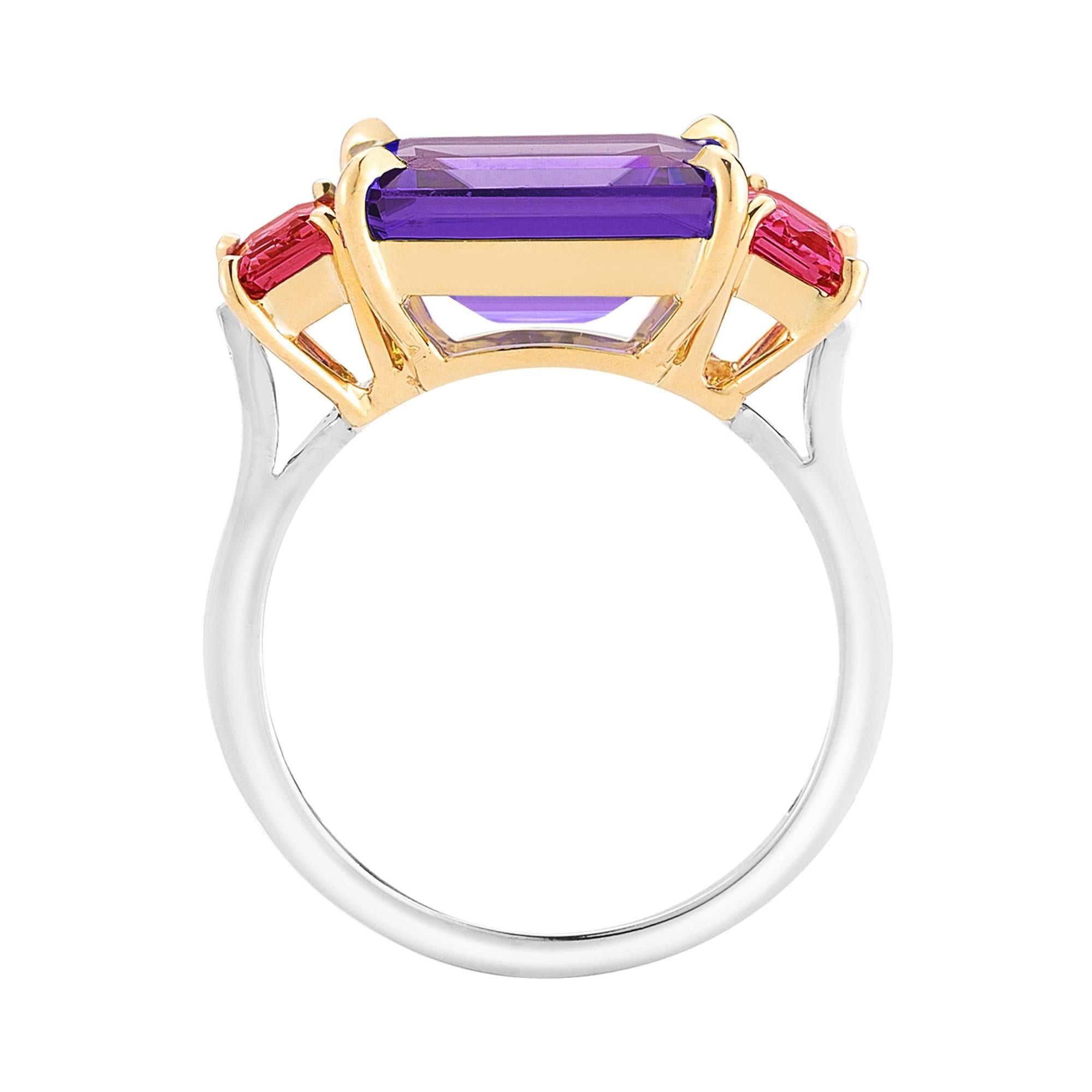 The signature Paolo Costagli three-stone Florentine ring set in 18kt yellow and white gold with an emerald-cut amethyst, 6.00 carats flanked by emerald-cut rubies, 1.36 carats and diamond detail, 0.16 carats.

Inspired by the Garden of the Iris, the