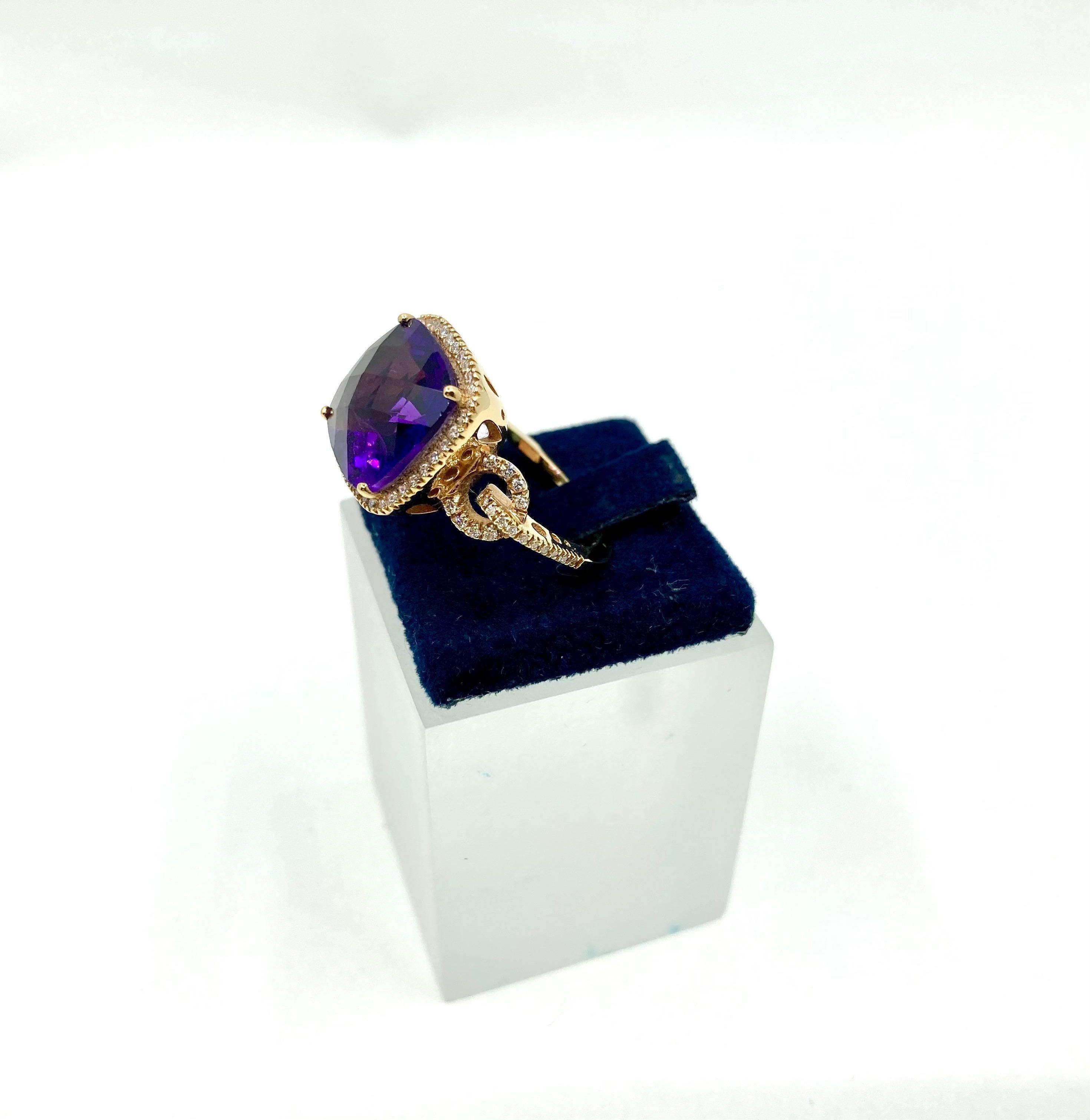 Timeless and elengat Yellow Gold ring, with a central Amethyst ct. 5.75 and Diamonds ct. 0.28, Made in Italy by Roberto Casarin. 

Size: 13,5 (6,5 USA)

A simple yet timeless design, the central beautiful Amethyst along with the surrounding diamonds