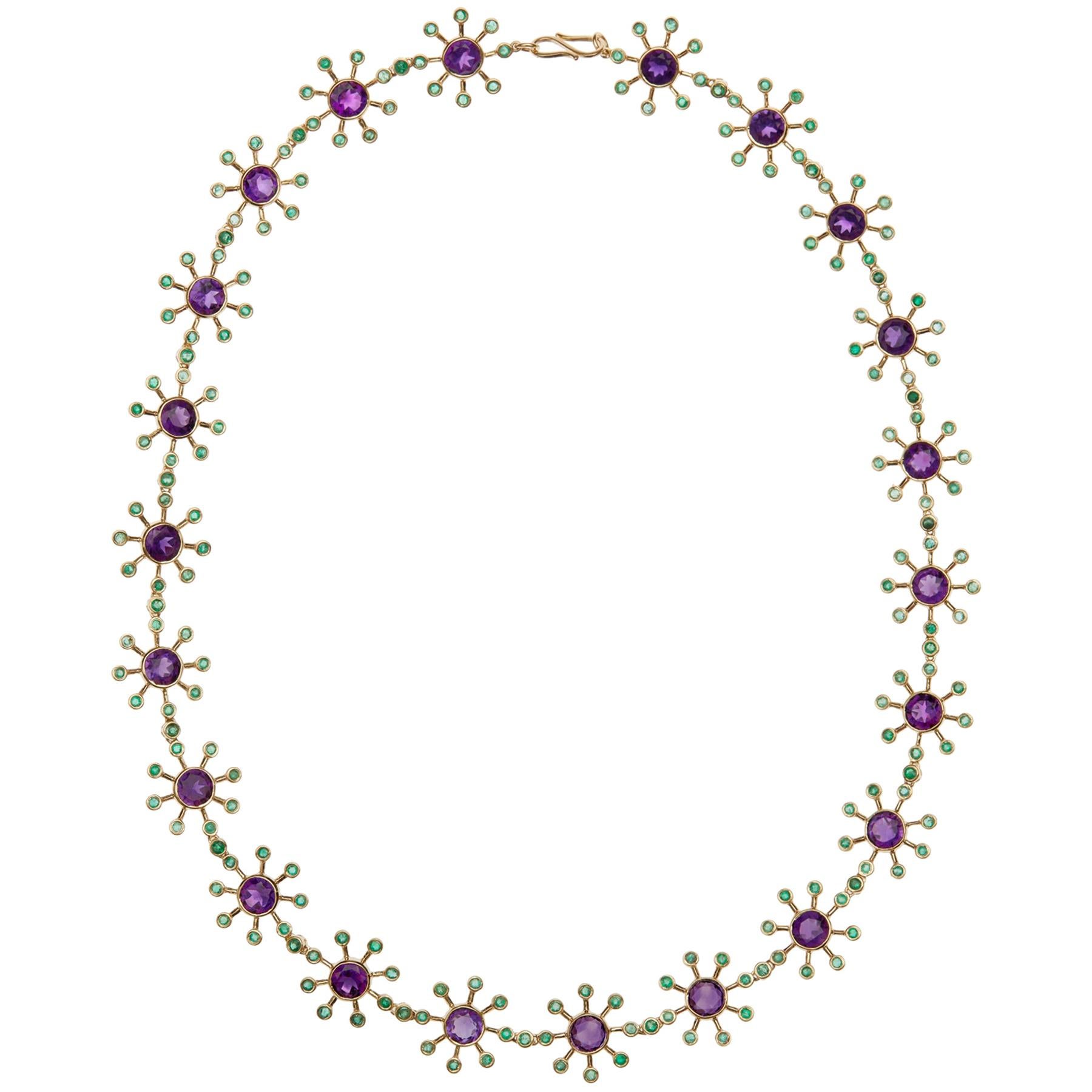 18 Karat Gold Amethyst and Emerald Necklace For Sale