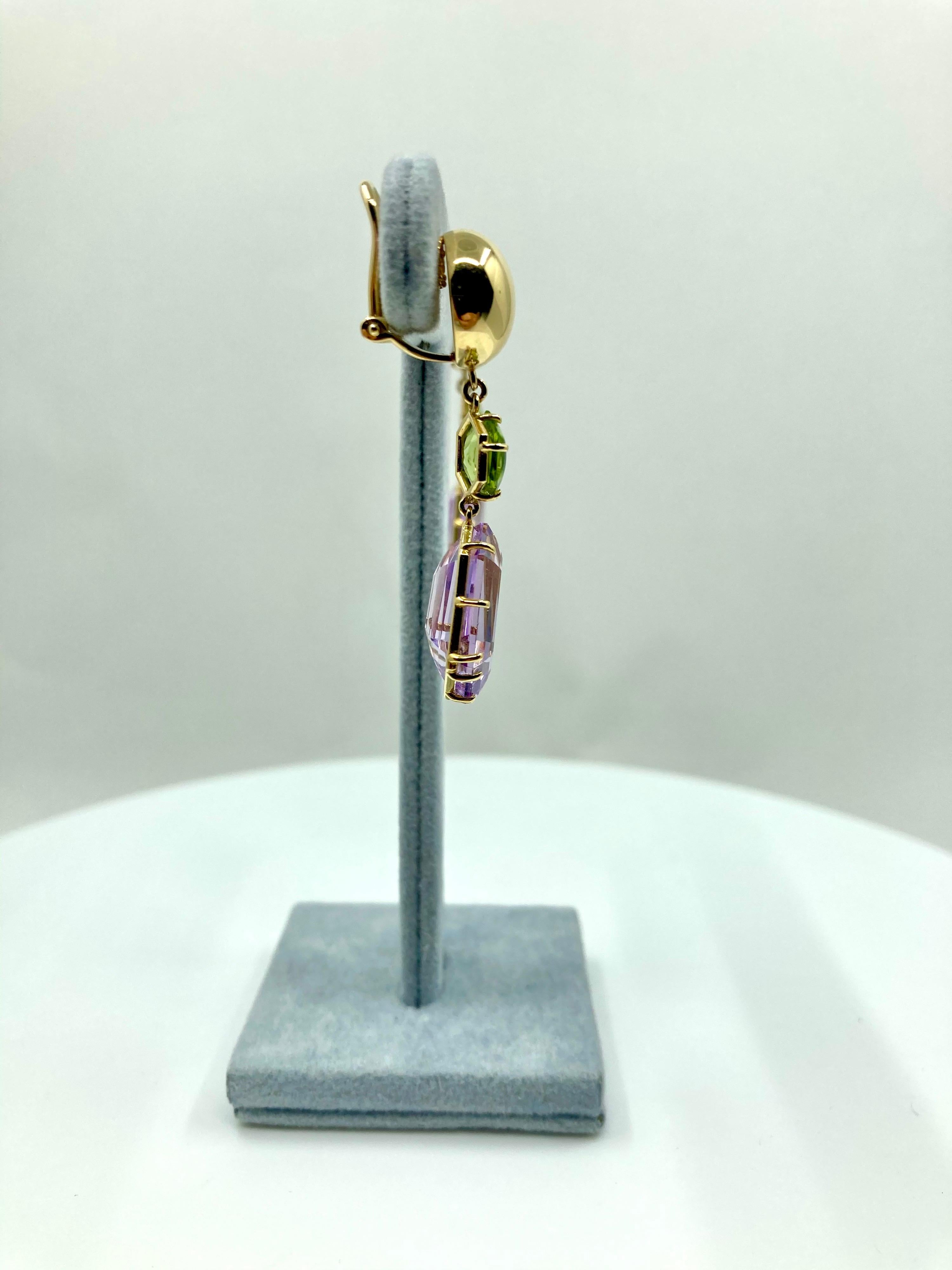 Modern 18 Karat Gold Amethyst and Peridot Earrings For Sale