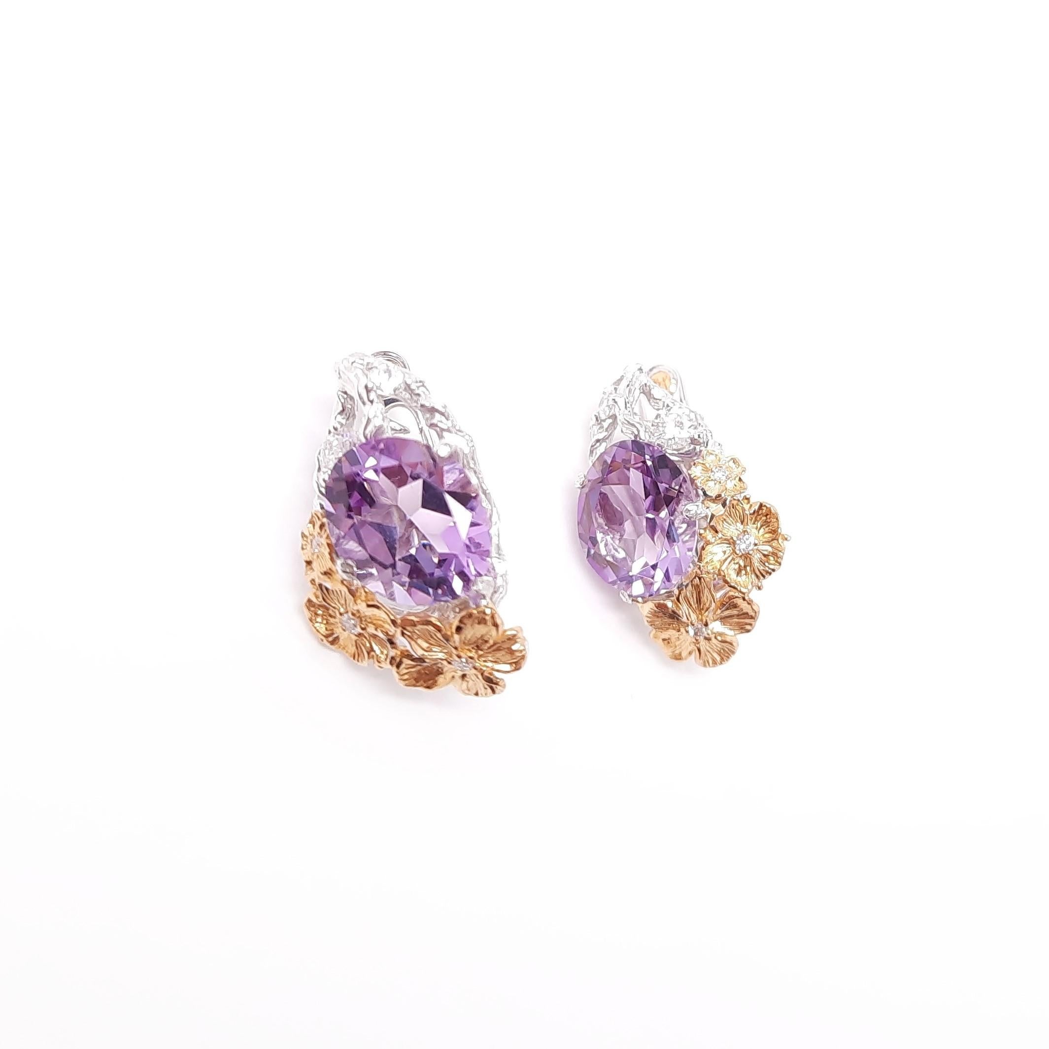 Inspired by Impressionism, MOISEIKIN® has created a blooming flower earrings with fine pinkish amethyst Trembling flowers and sweet fragrance of coming ripe fruits are embodied  in gems and metals. 
Gold filigree is detailed as branch which you feel