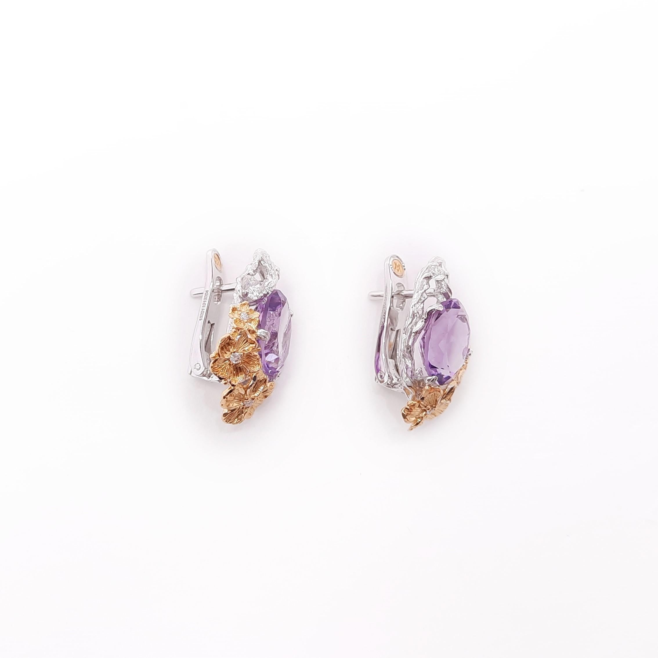 Contemporary 18 Karat Gold Amethyst Diamond Floral Earrings For Sale