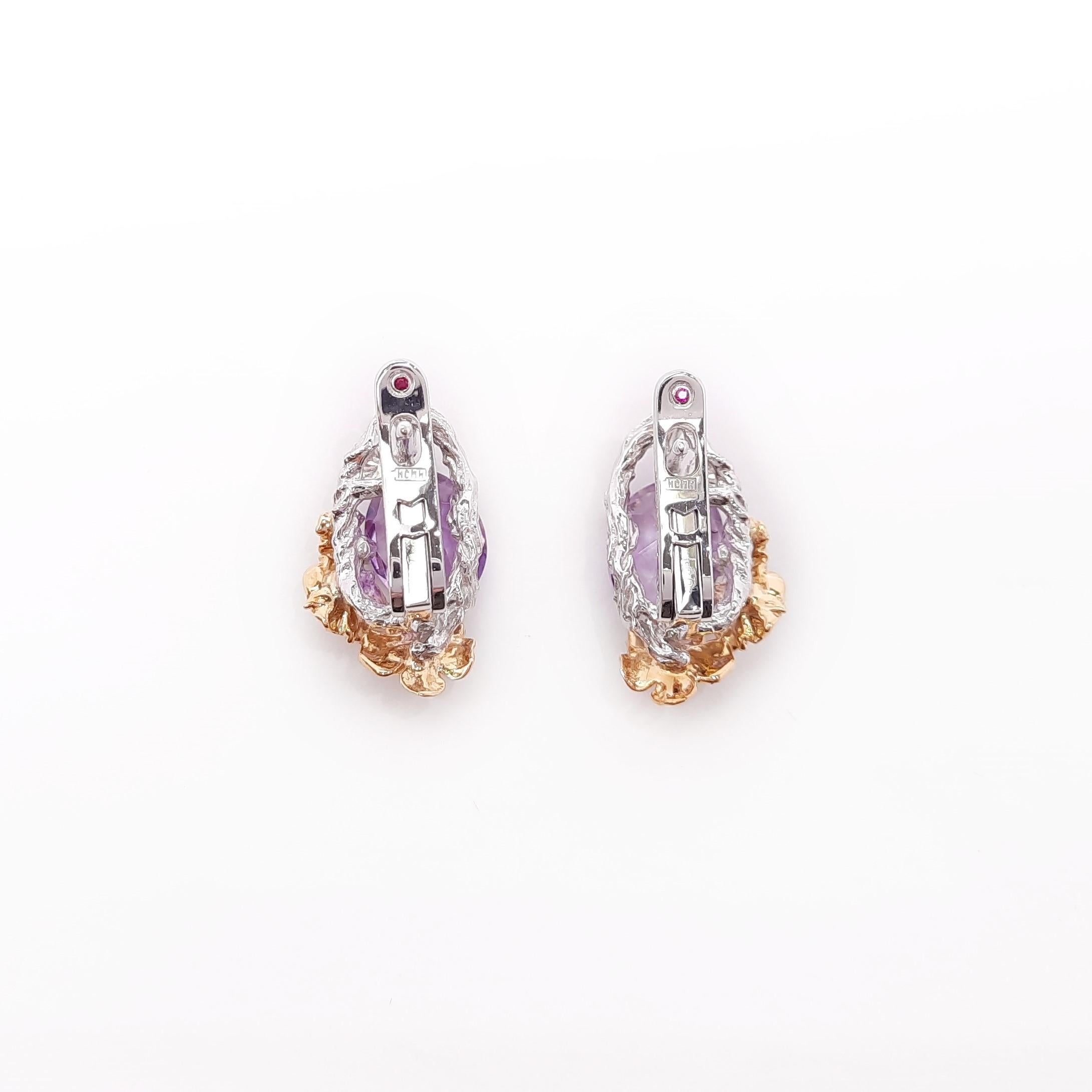 Oval Cut 18 Karat Gold Amethyst Diamond Floral Earrings For Sale
