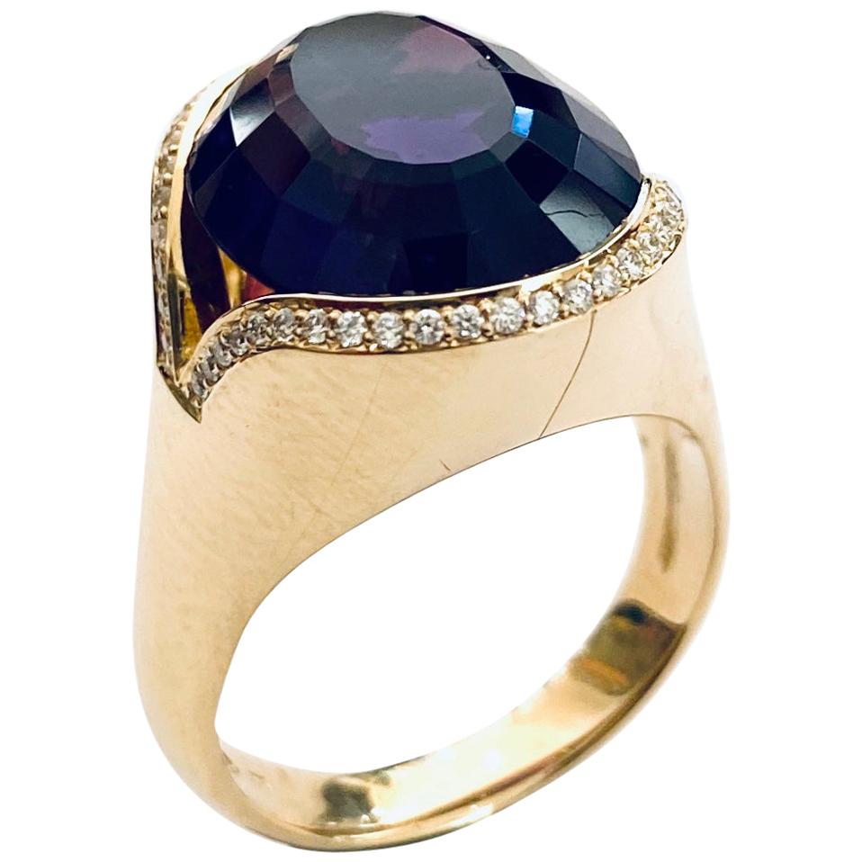 18 Karat Gold Amethyst-Diamond Ring E.Schmidt Detmold 'D' 1965 "Handarbeit"