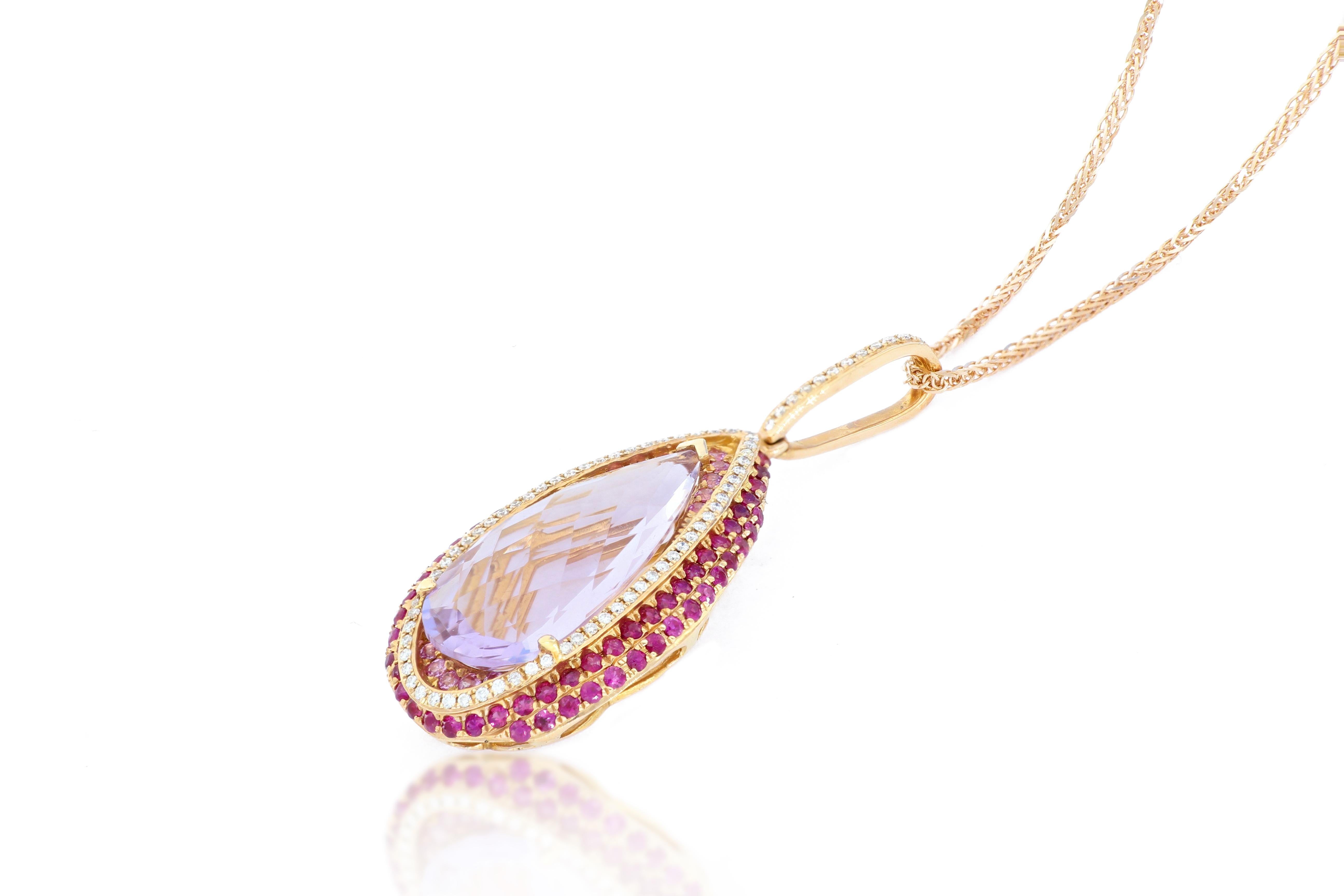 Brilliant Cut 18 Karat Gold Amethyst Pendant with Necklace For Sale