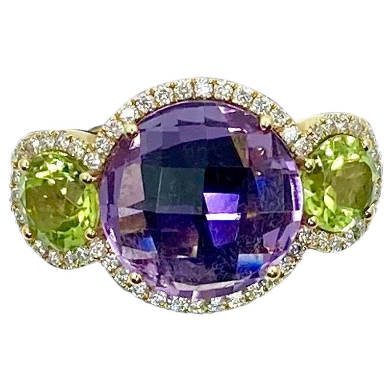 18 Karat Gold Amethyst, Peridots and Diamonds Italian Ring For Sale