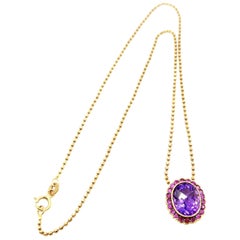 18 Karat Gold Amethyst Pink Sapphire Halo Pendant & Faceted Ball Chain Necklace