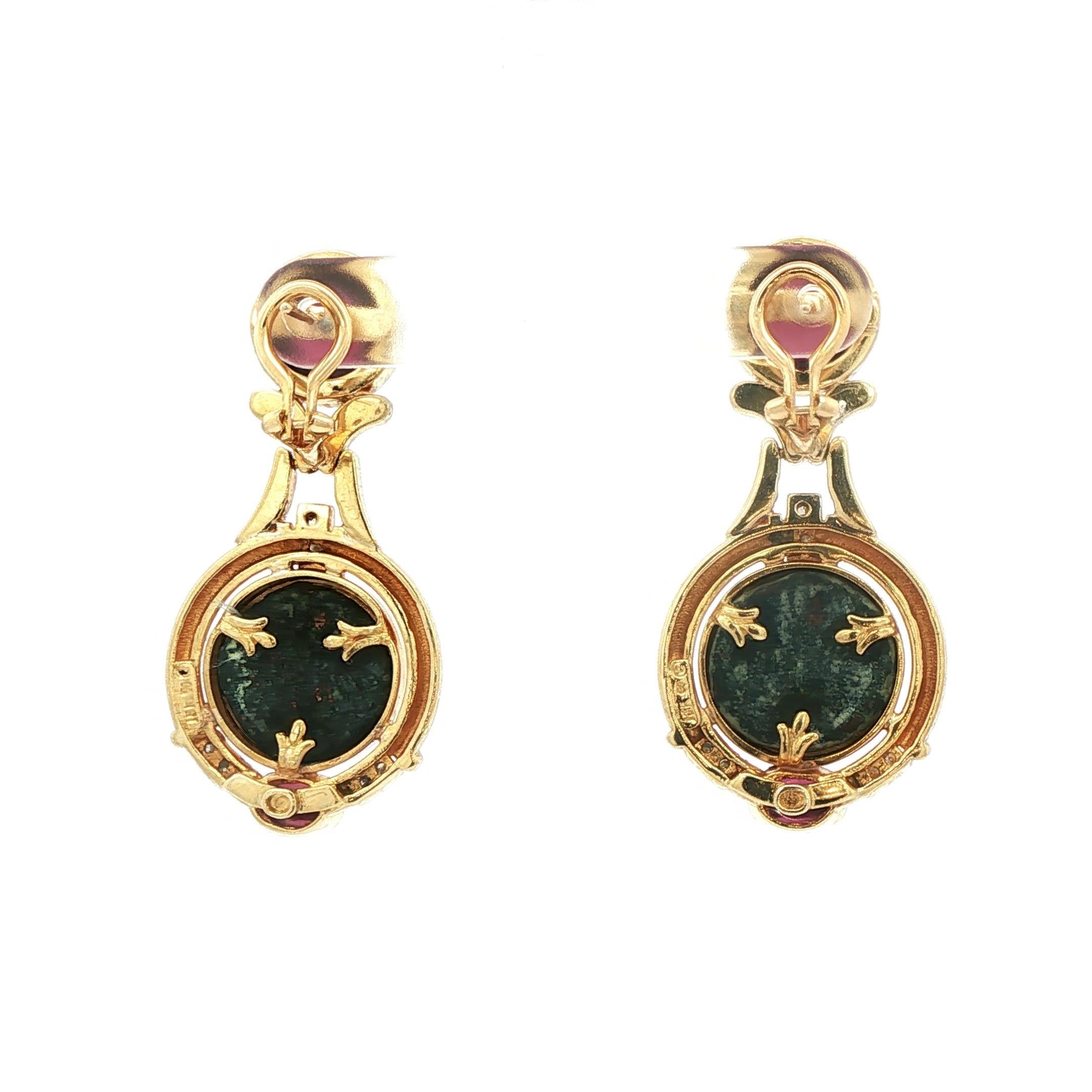 Cabochon 18 Karat Gold Ancient Coin Earrings with Tourmaline and Diamonds in vendita