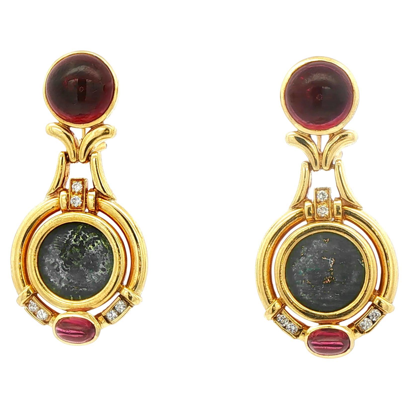 18 Karat Gold Ancient Coin Earrings with Tourmaline and Diamonds in vendita