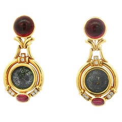 18 Karat Gold Ancient Coin Earrings with Tourmaline and Diamonds