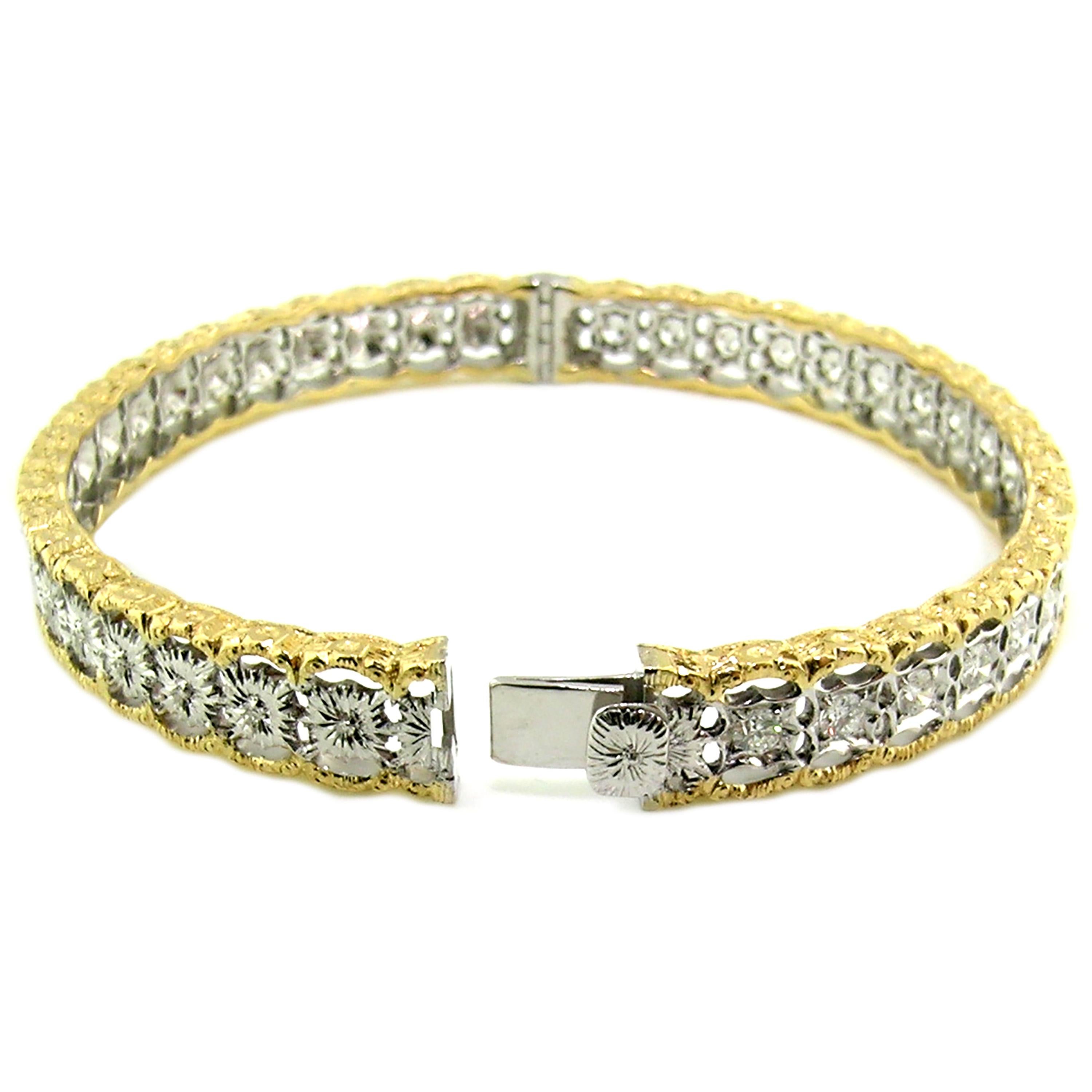 Taille ronde Bracelet jonc gravé florentin en or 18 carats et diamants de 1,00 carat, fabriqué à la main en Italie en vente