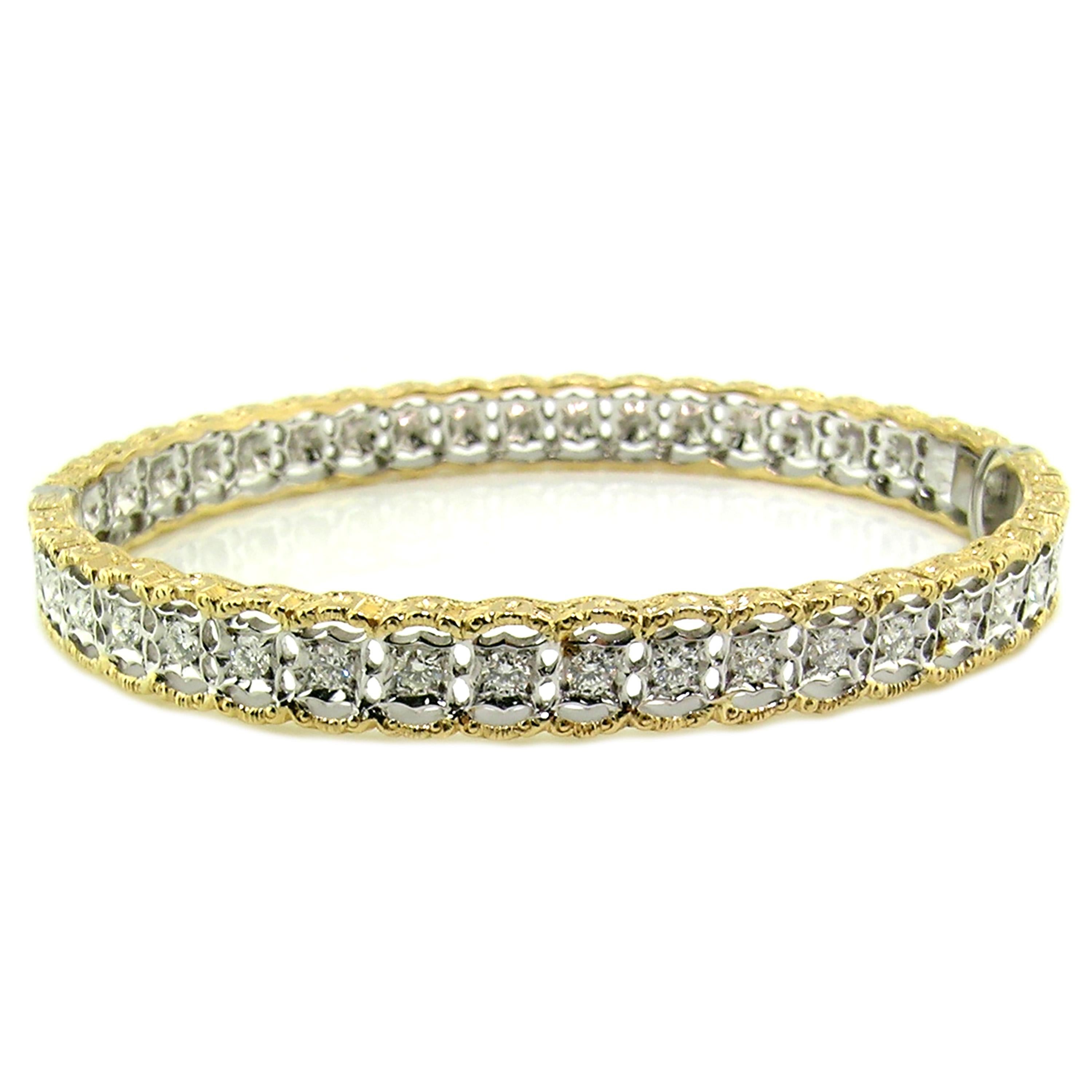 Bracelet jonc gravé florentin en or 18 carats et diamants de 1,00 carat, fabriqué à la main en Italie Neuf - En vente à Logan, UT