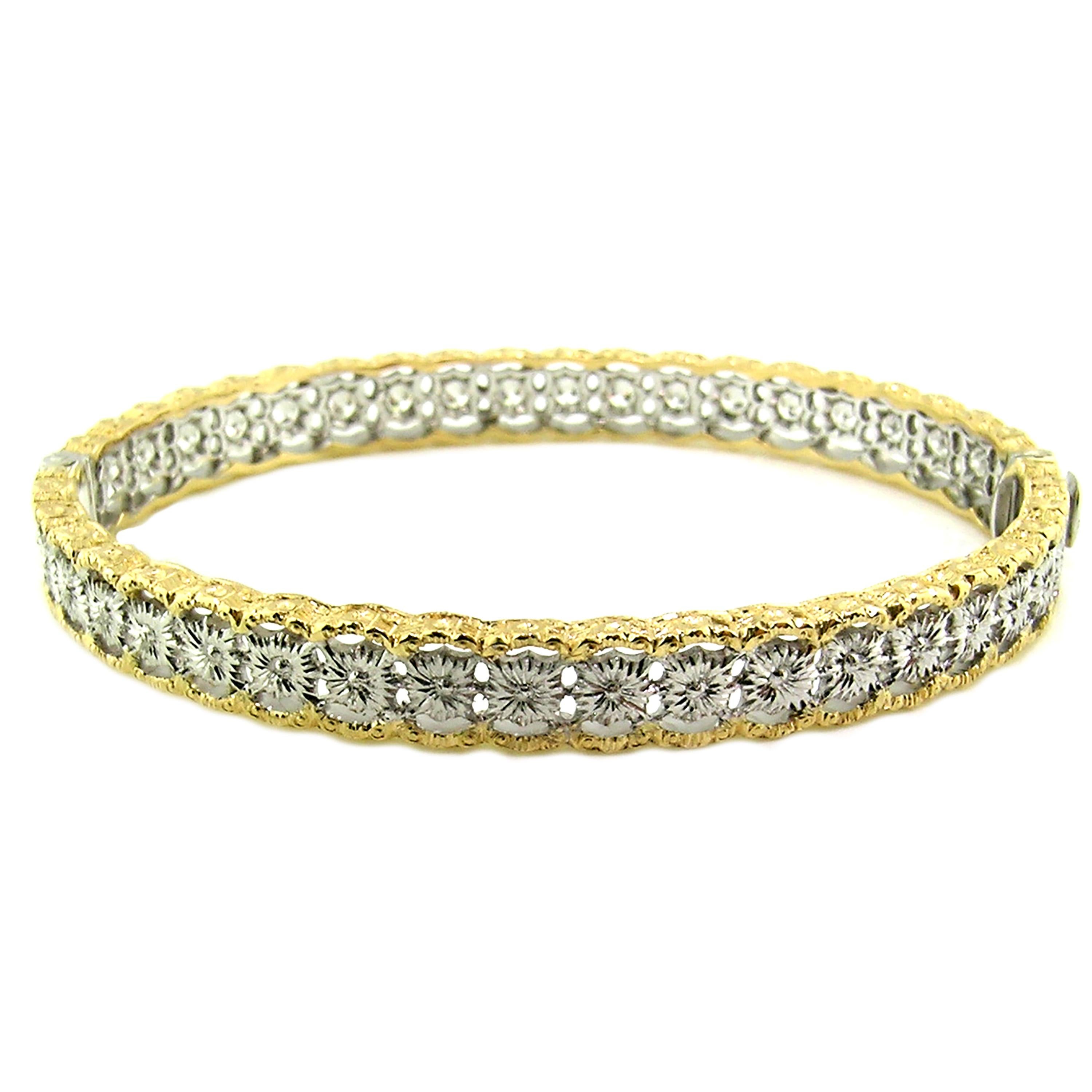 Round Cut 18kt Gold and 1.00ct Diamond Florentine Engraved Bangle, Handmade in Italy For Sale