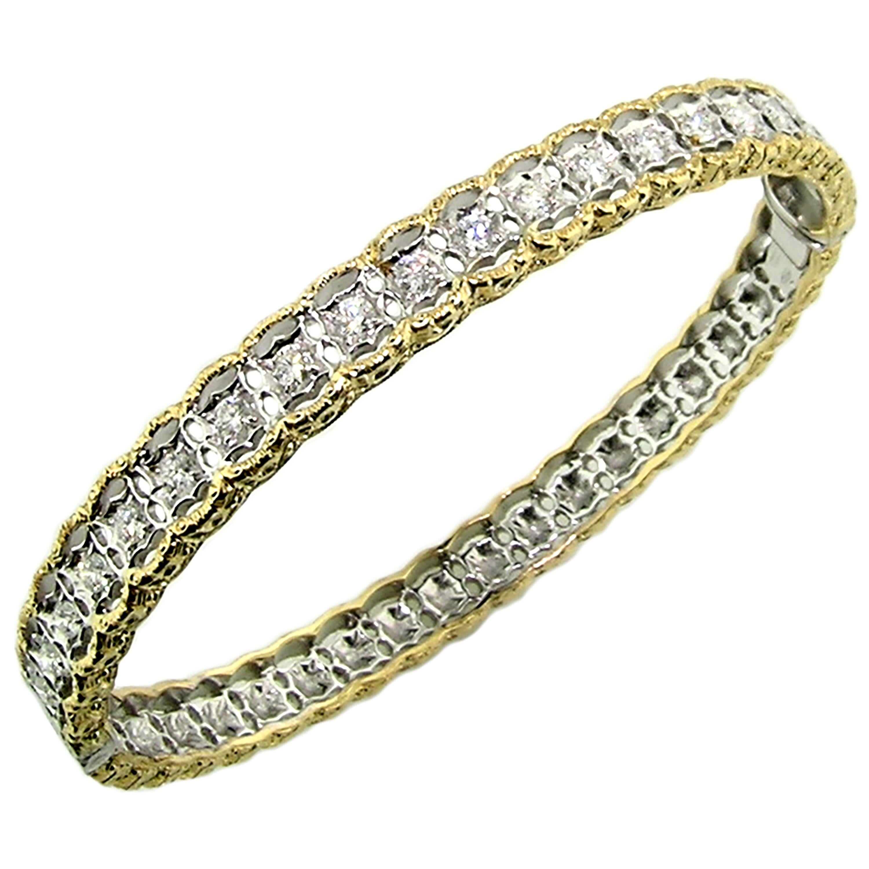 18kt Gold and 1.00ct Diamond Florentine Engraved Bangle, Handmade in Italy For Sale