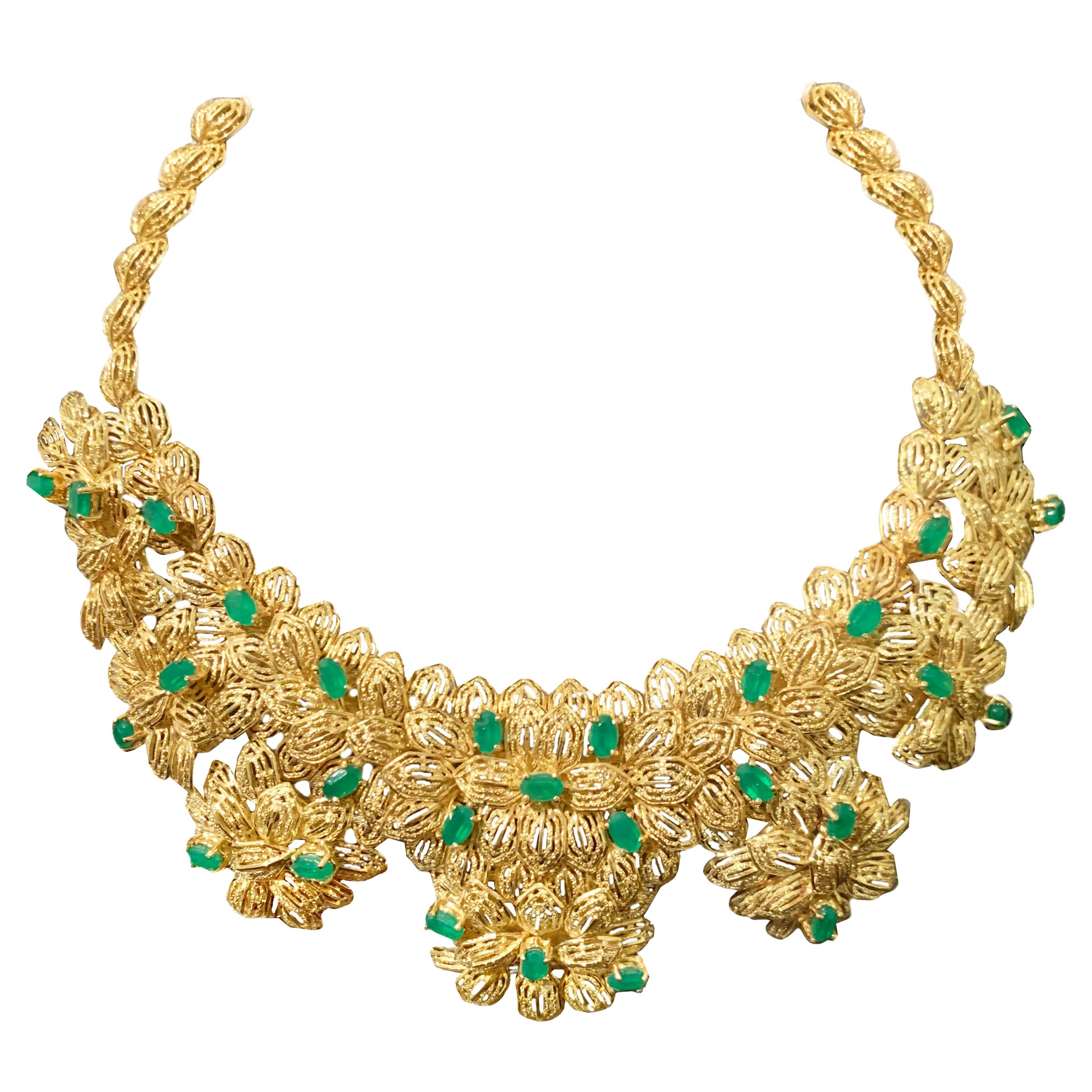 18 Karat Gold and 28 Navette Emerald Vintage Necklace