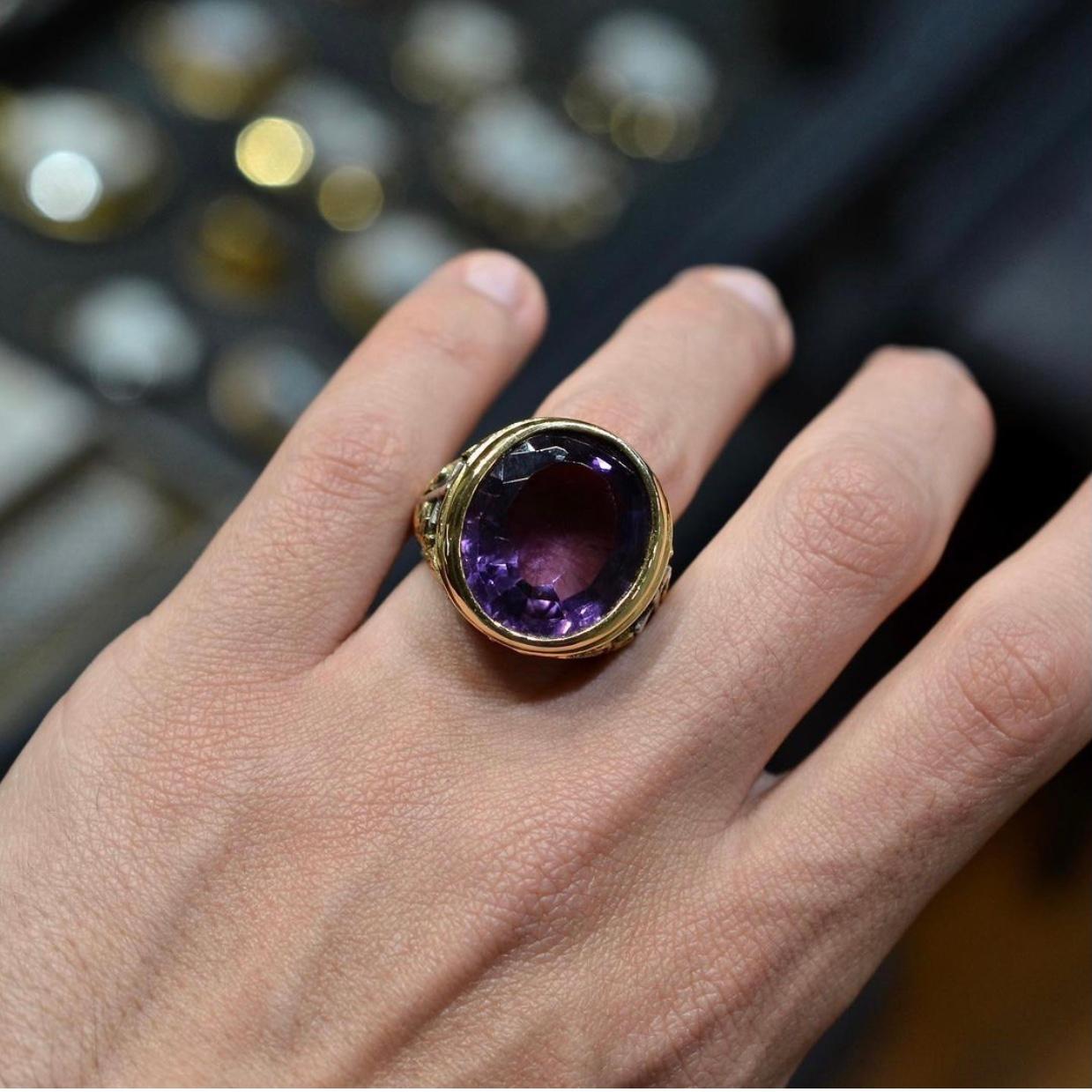 Oval Cut 18 Karat Gold and Amethyst Bishop's Ring
