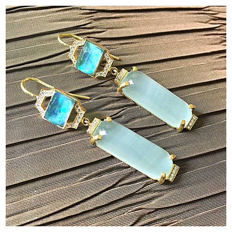 Contemporary 18 Karat Gold and Aquamarine Drop Earring with Boulder Opal and Diamonds For Sale