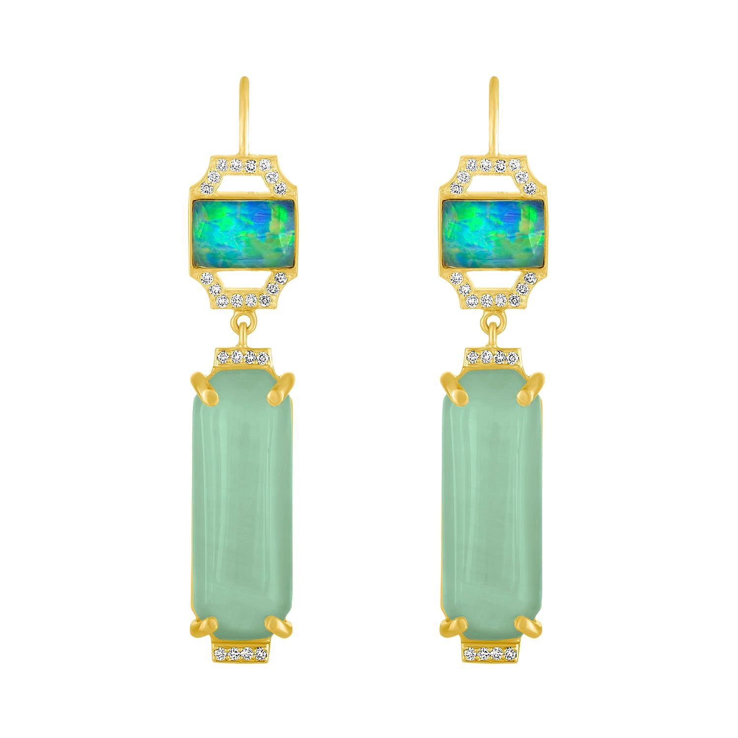 18 Karat Gold and Aquamarine Drop Earring with Boulder Opal and Diamonds For Sale