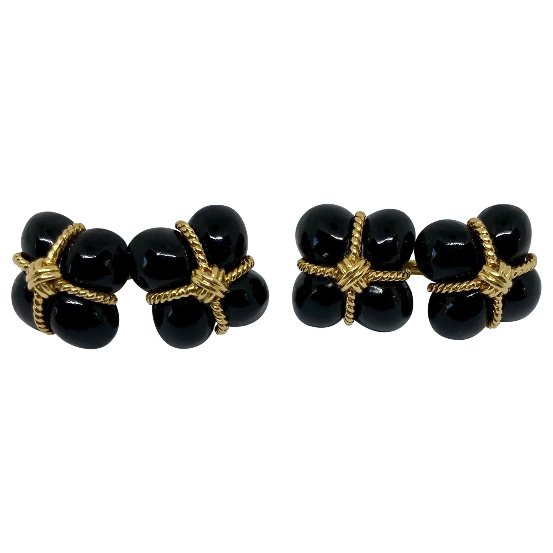 18 Karat Gold and Black Onyx "Signature" Cufflinks For Sale