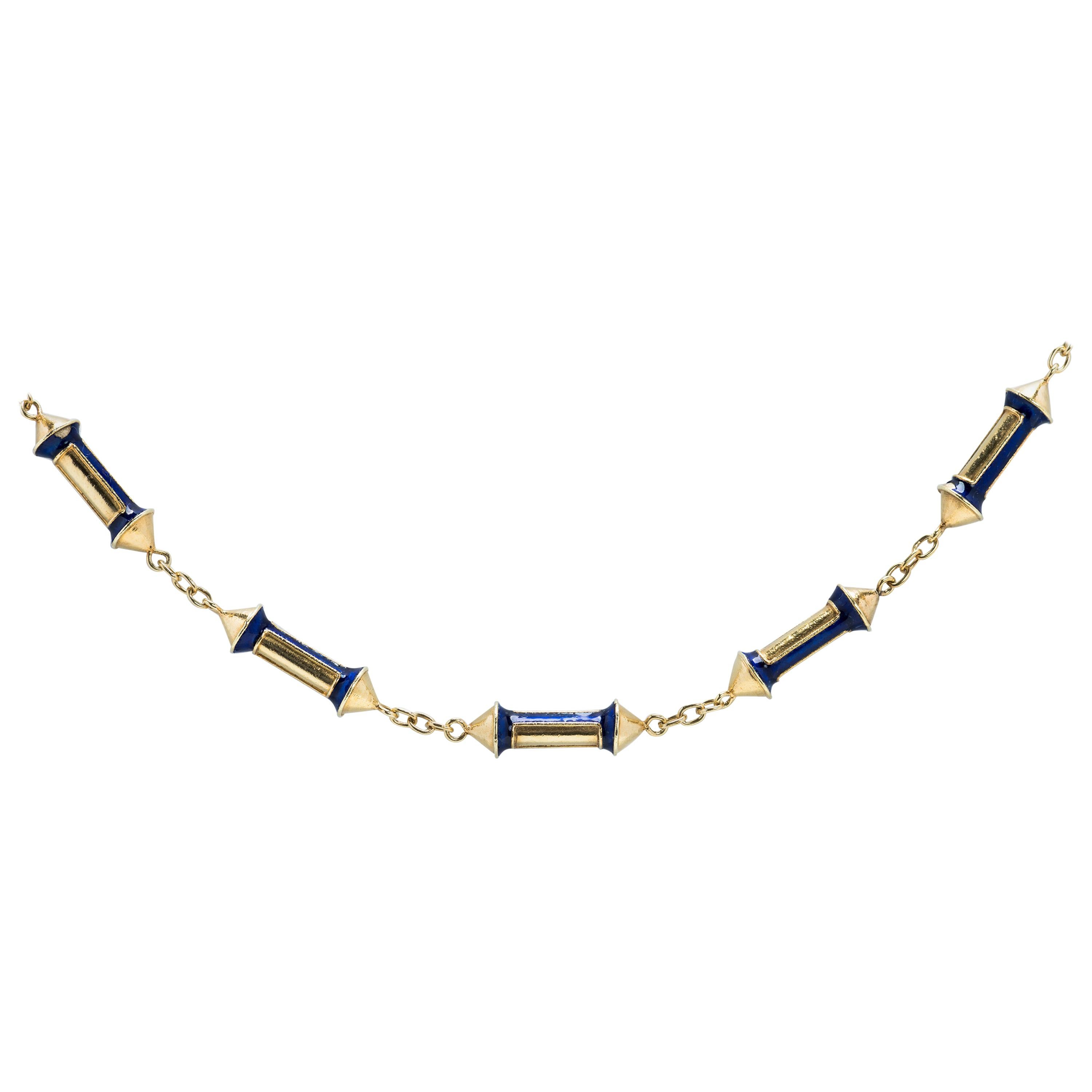 18 Karat Gold and Blue Enamel Detachable Link Necklace For Sale