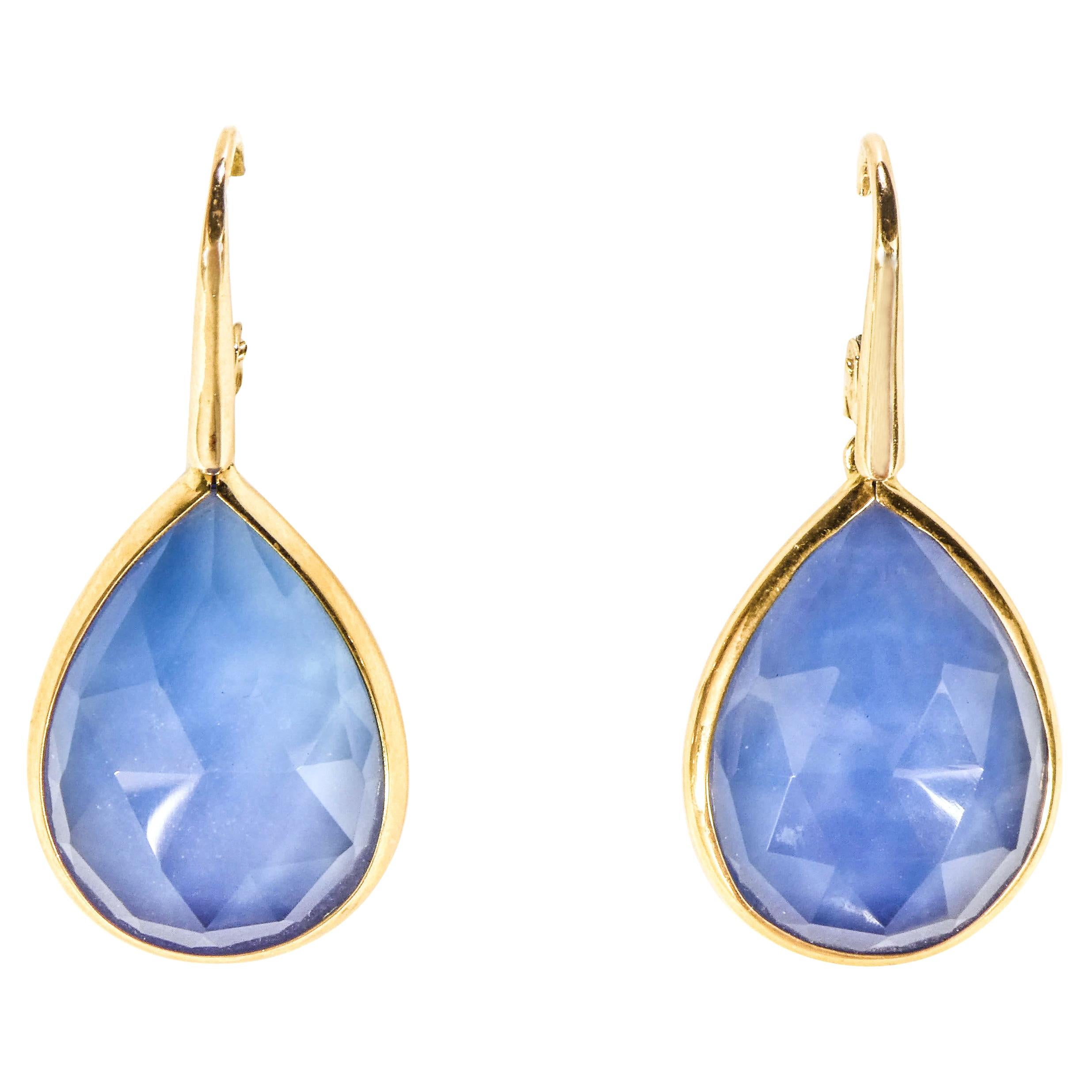 18 Karat Gold and Blue Quartz Drop Earrings For Sale