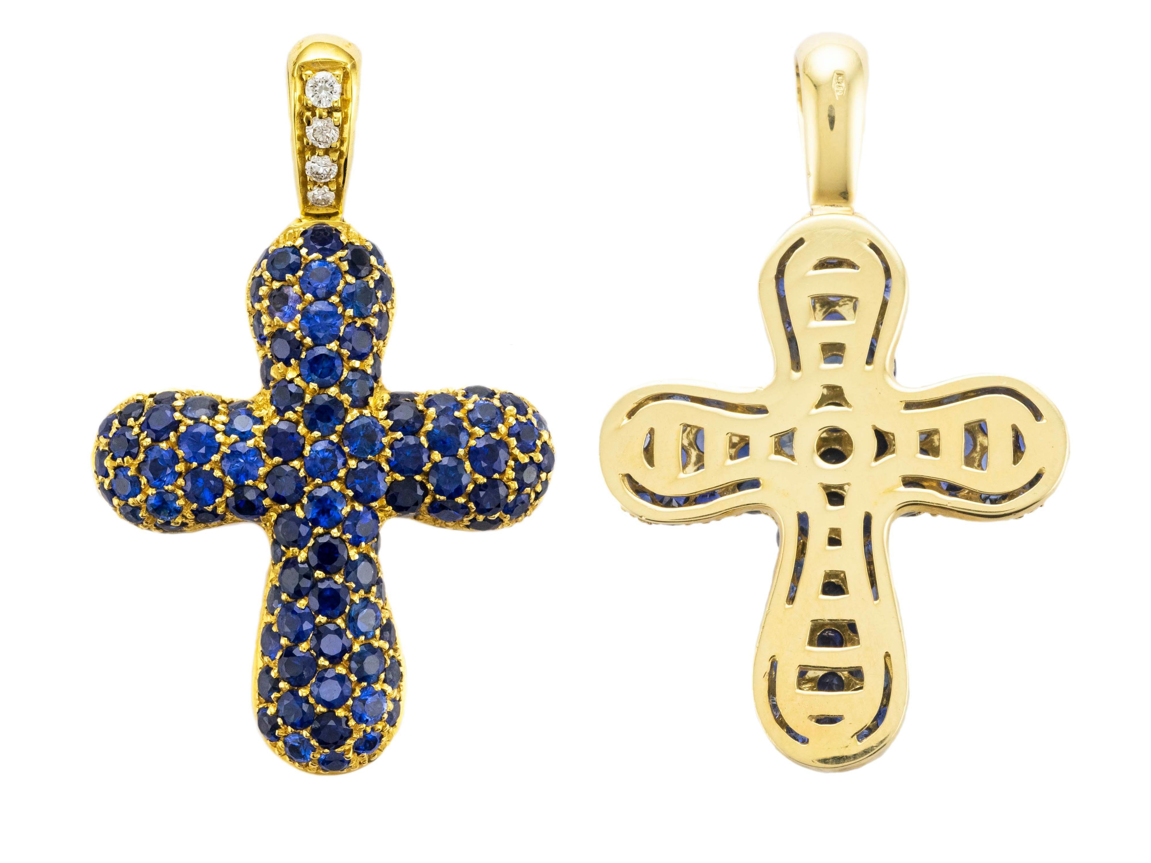 Round Cut 18 Karat Solid Yellow Gold Ct 6.35 Blue Sapphires and Diamonds Cross Pendant For Sale