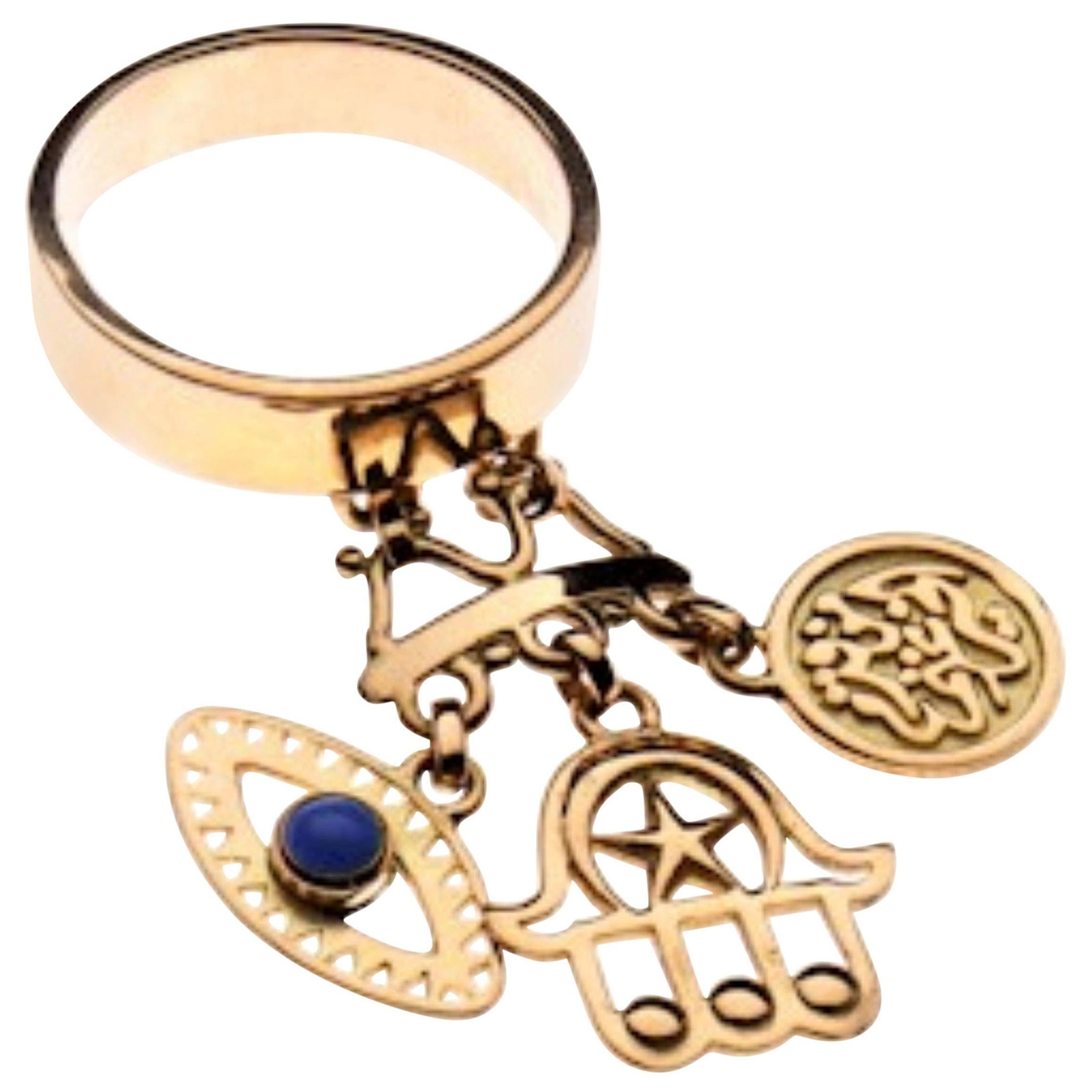 For Sale:  18 Karat Gold and Cabochon Lapis Rumuz Dainty Charm Ring