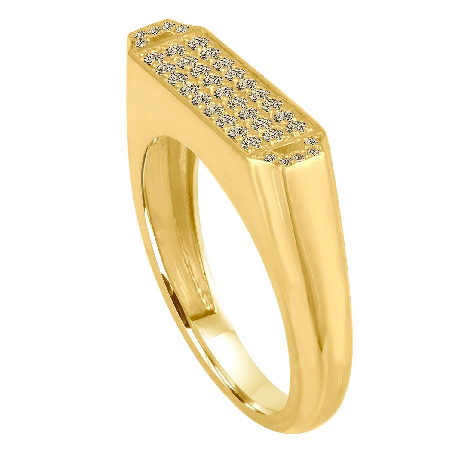 Modern and sleek 18 Karat Gold and Champagne Diamond Signet Ring which can be worn alone or stacked in pairs.  Art Deco influence can be seen in this elongated shape.  
Materials: 18 karat gold, .09mm, 1.3mm champagne diamonds (0.30ct)
Measuring