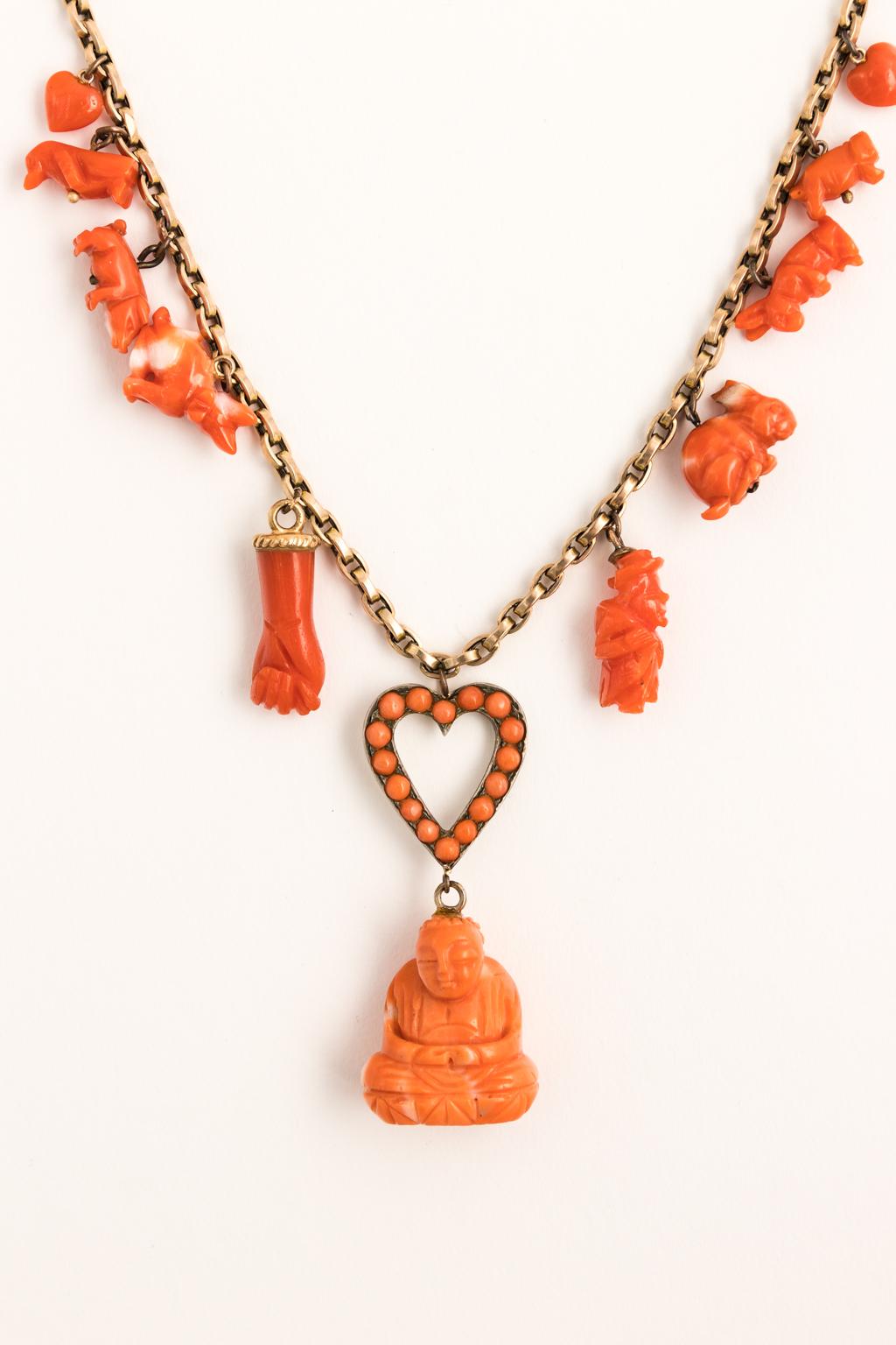 18 Karat Gold and Coral Buddha Charm Necklace In Good Condition For Sale In St.amford, CT