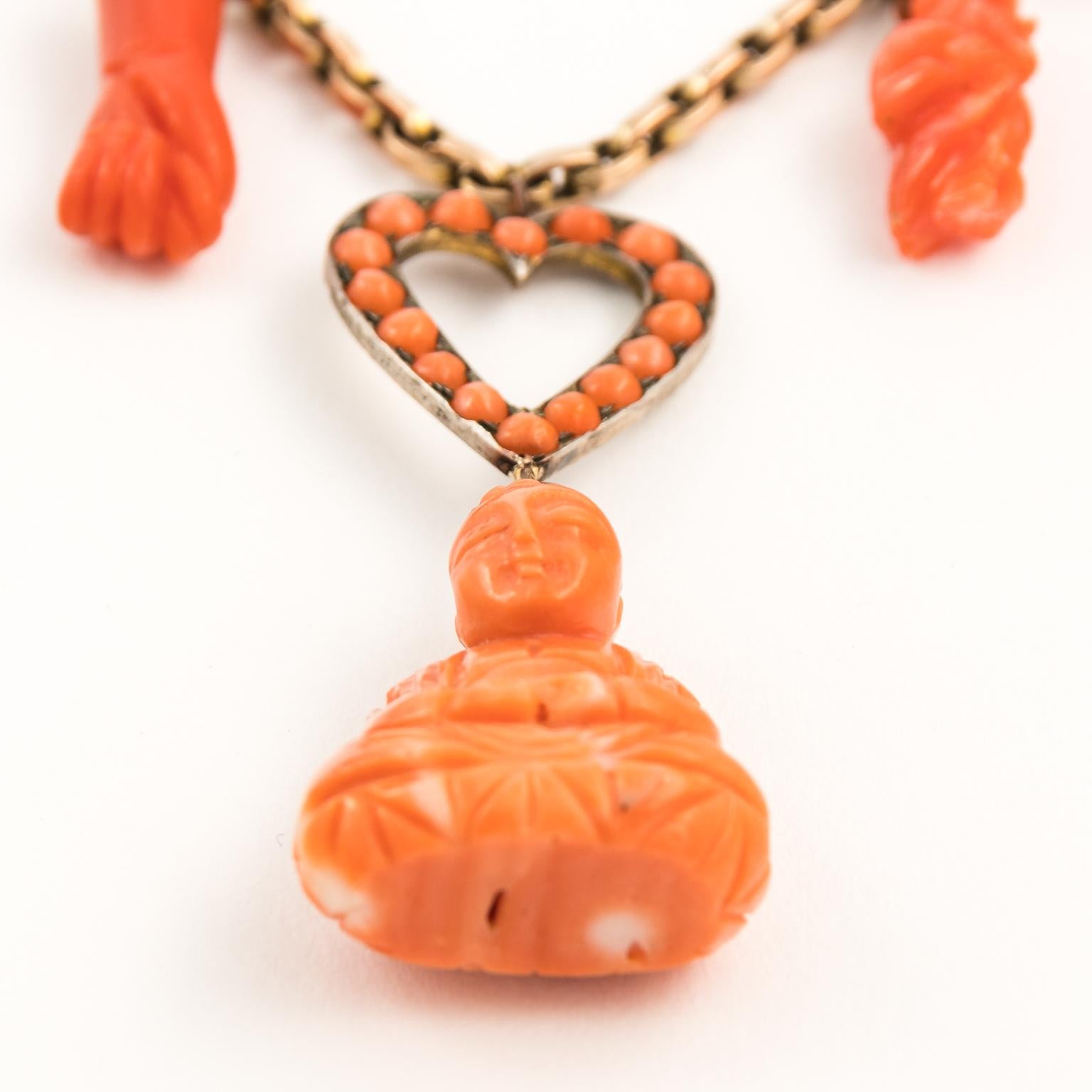 Women's 18 Karat Gold and Coral Buddha Charm Necklace For Sale