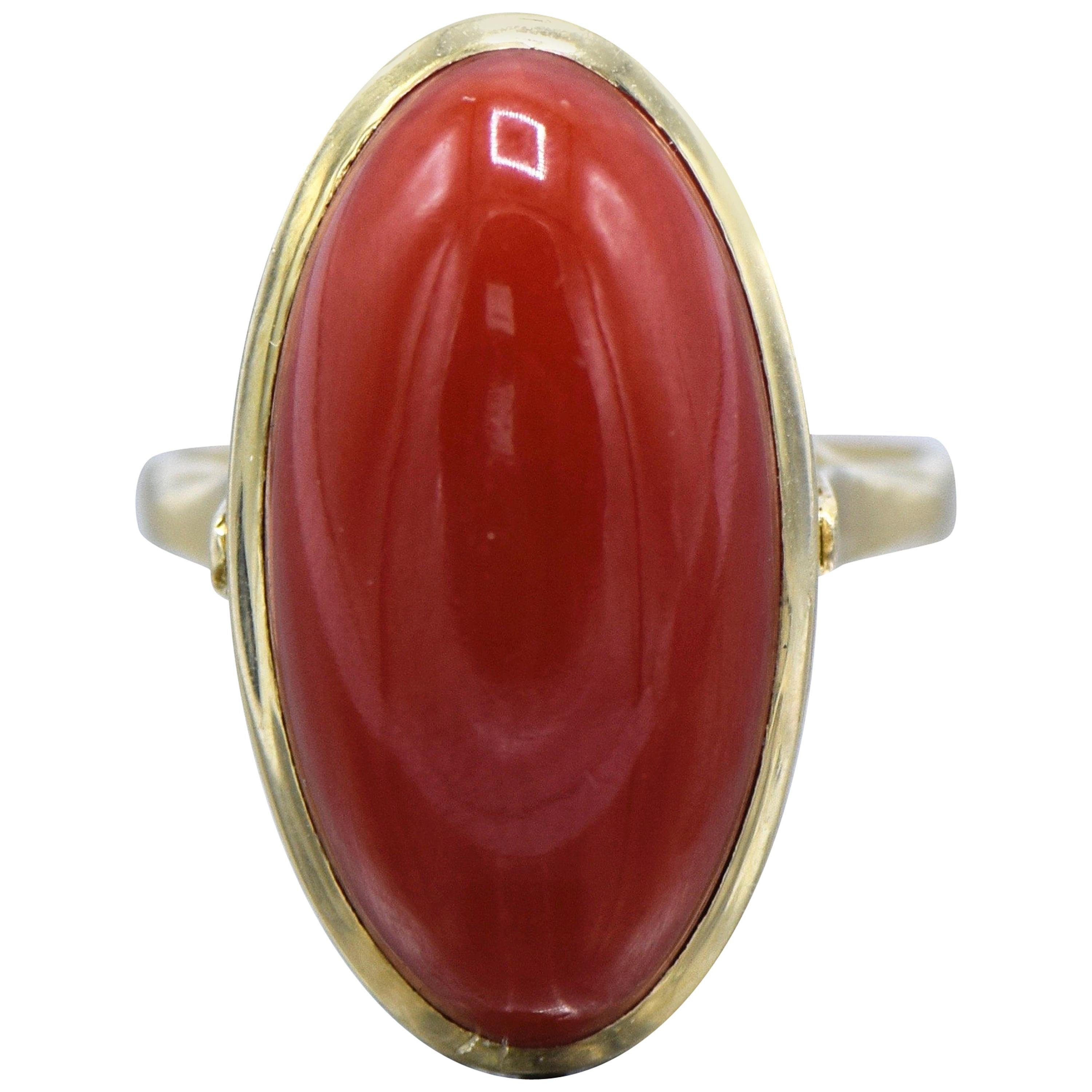 18 Karat Gold and Coral Cabochon Ring For Sale