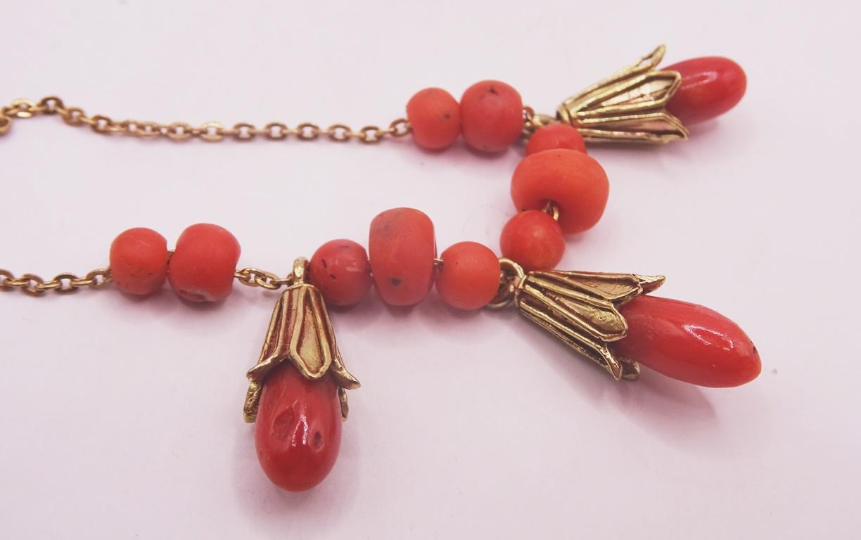 Artisan 18 karat Gold and Coral Necklace. For Sale