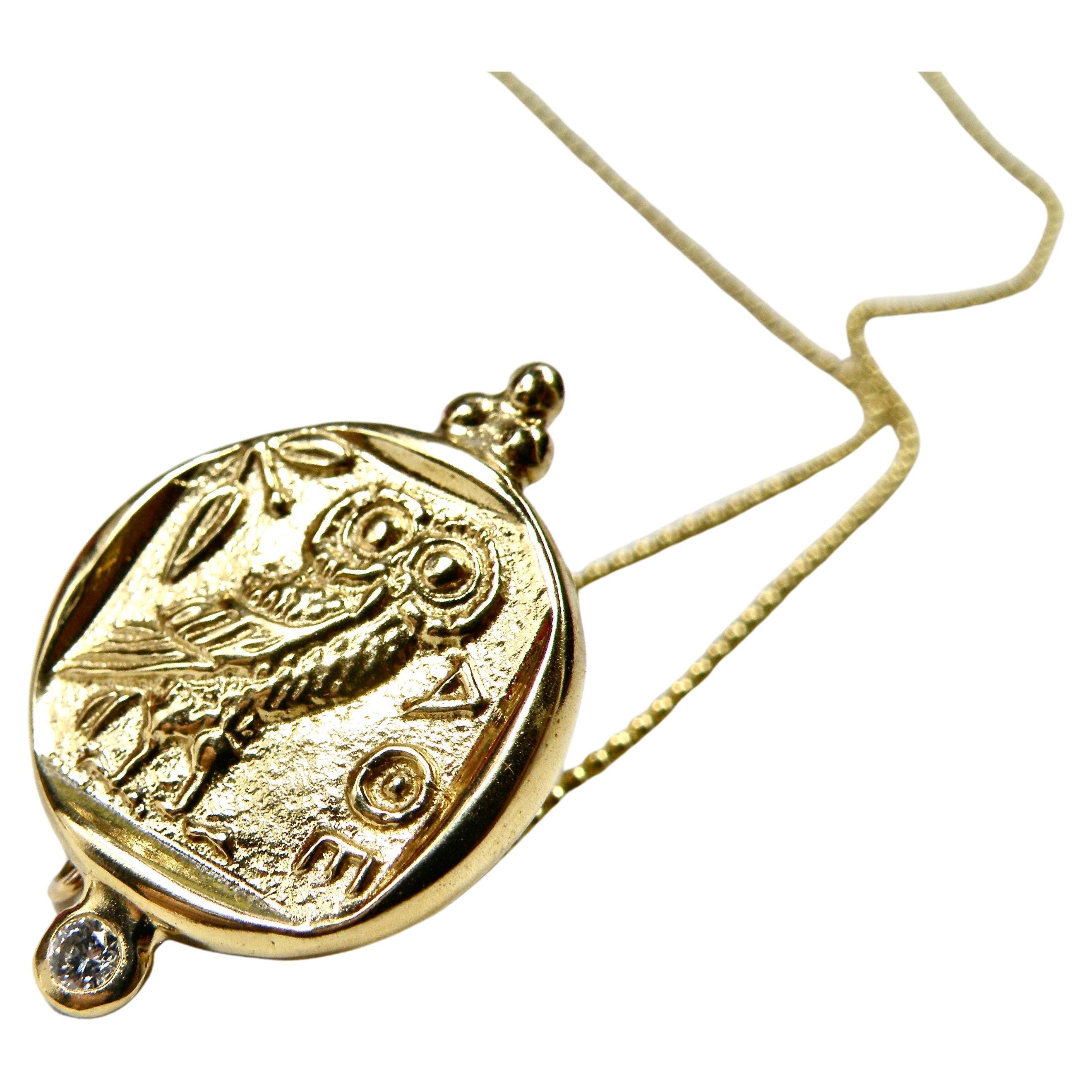 18 Karat Gold and Diamond "Athena” Coin Reproduction Pendant For Sale