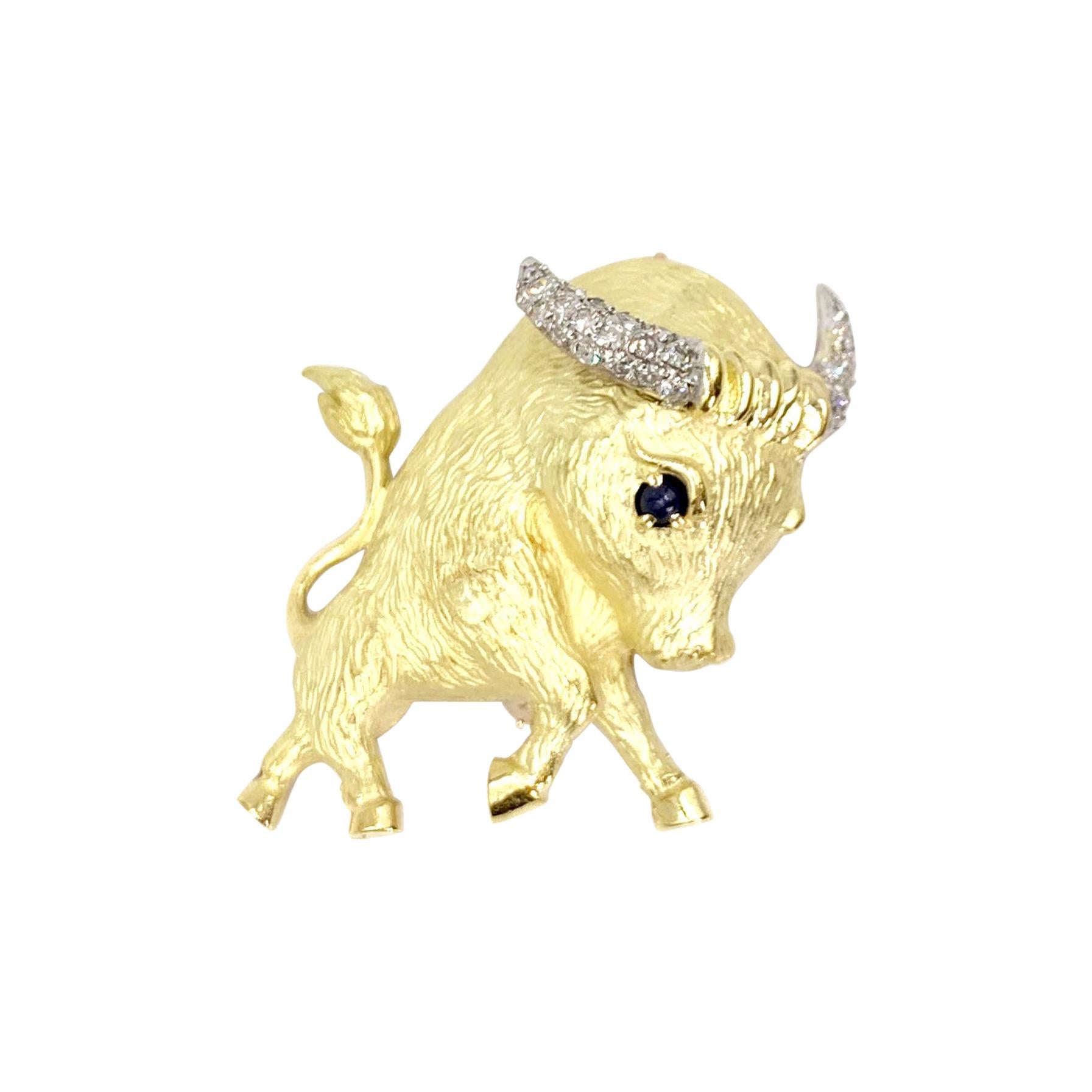 18 Karat Gold and Diamond Bull Brooch For Sale