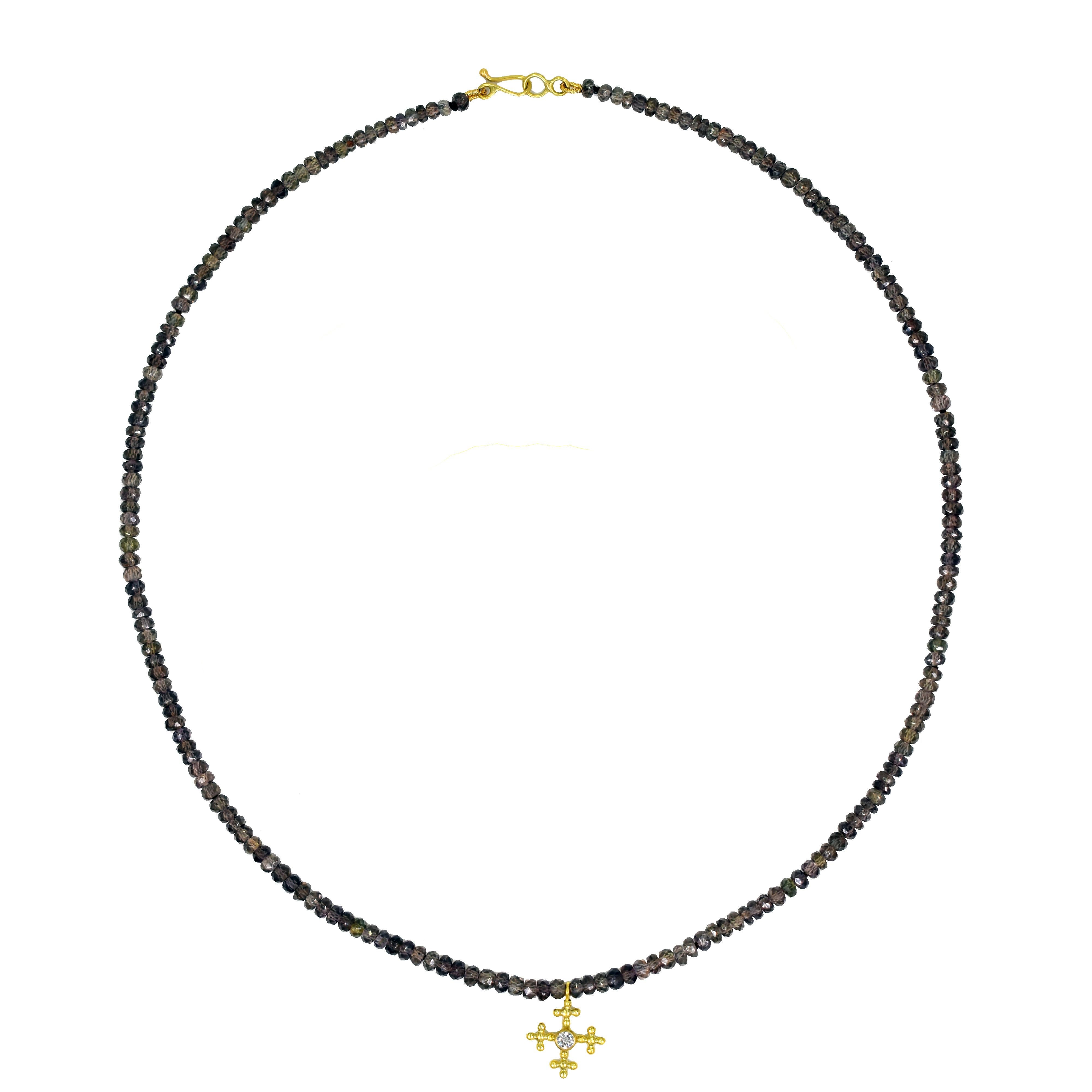 Contemporary 18 Karat Gold and Diamond Cross Pendant and Brown Sapphire Beaded Necklace For Sale