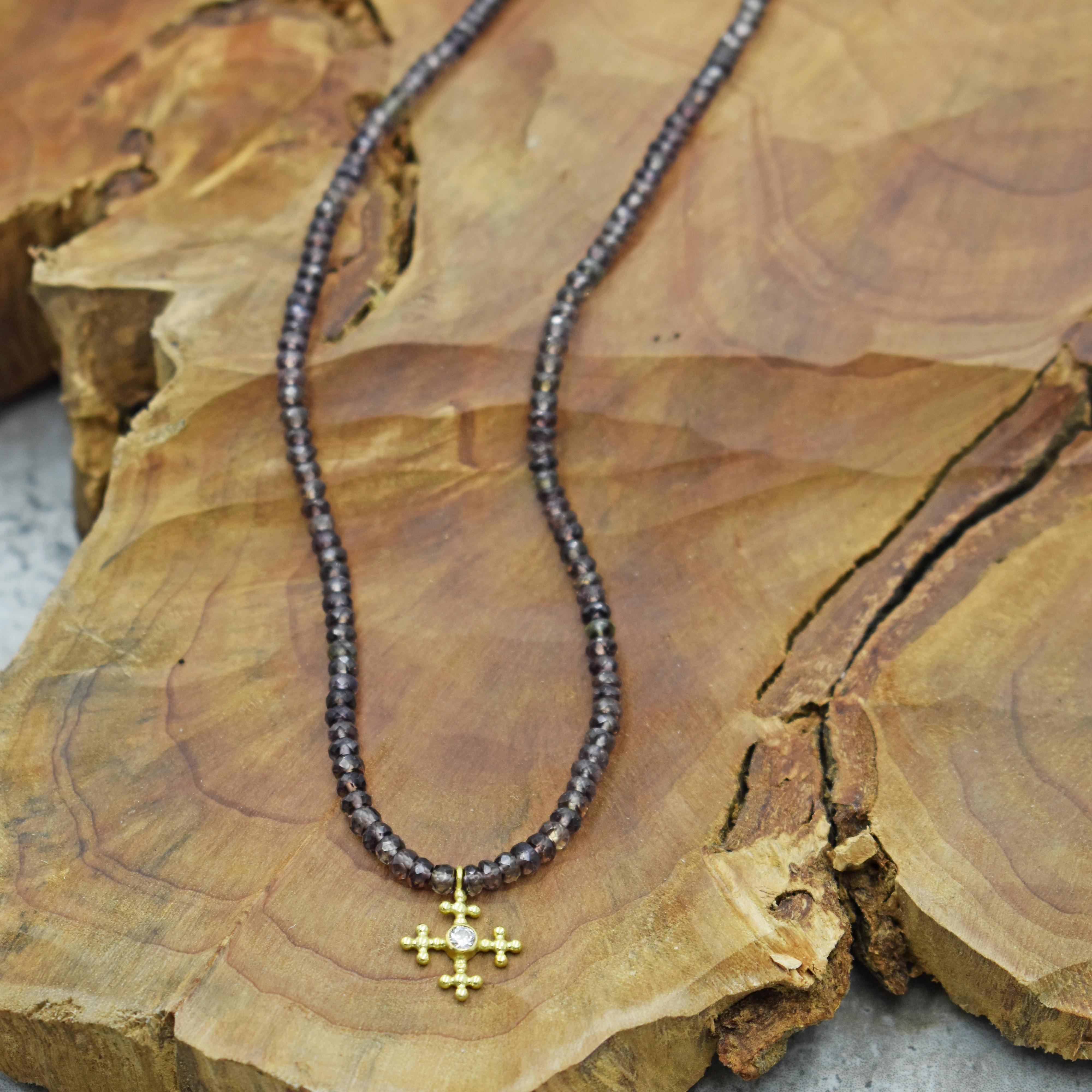 Round Cut 18 Karat Gold and Diamond Cross Pendant and Brown Sapphire Beaded Necklace For Sale