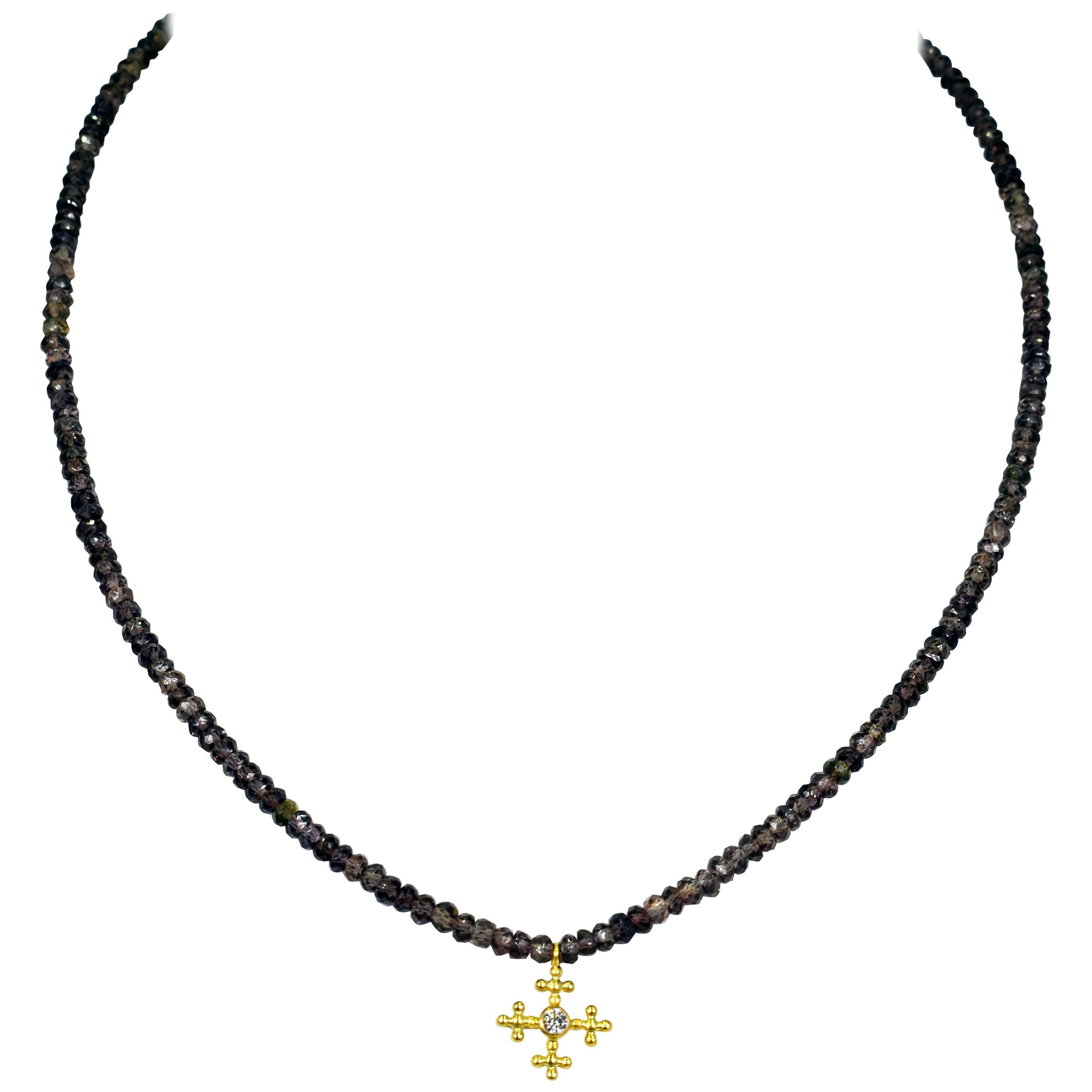 18 Karat Gold and Diamond Cross Pendant and Brown Sapphire Beaded Necklace