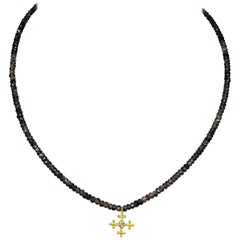 18 Karat Gold and Diamond Cross Pendant and Brown Sapphire Beaded Necklace