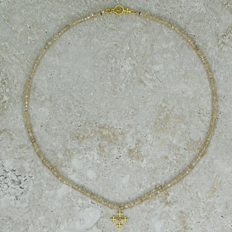 Contemporary 18 Karat Gold and Diamond Cross Pendant on Champagne Topaz Beaded Necklace For Sale