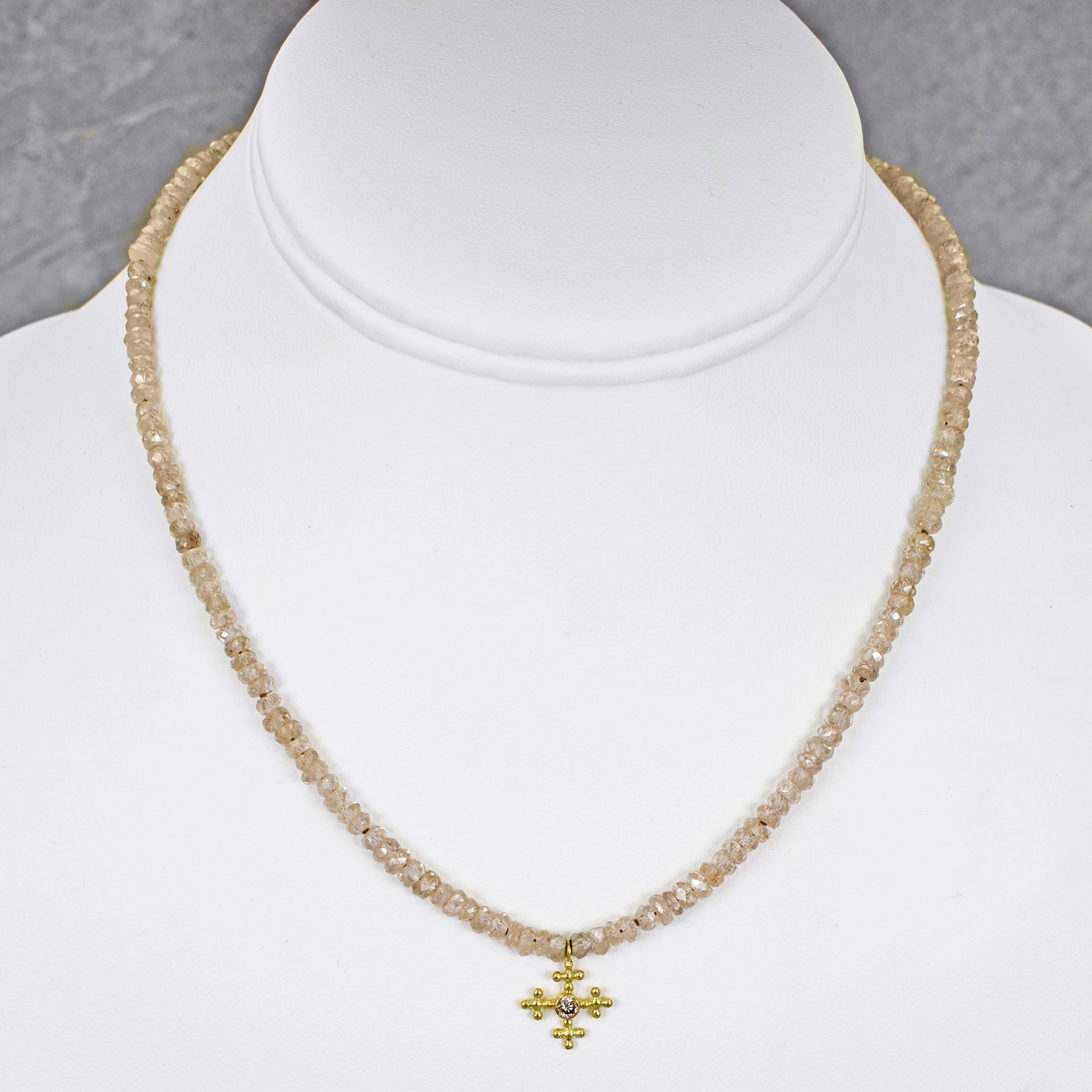 Round Cut 18 Karat Gold and Diamond Cross Pendant on Champagne Topaz Beaded Necklace For Sale