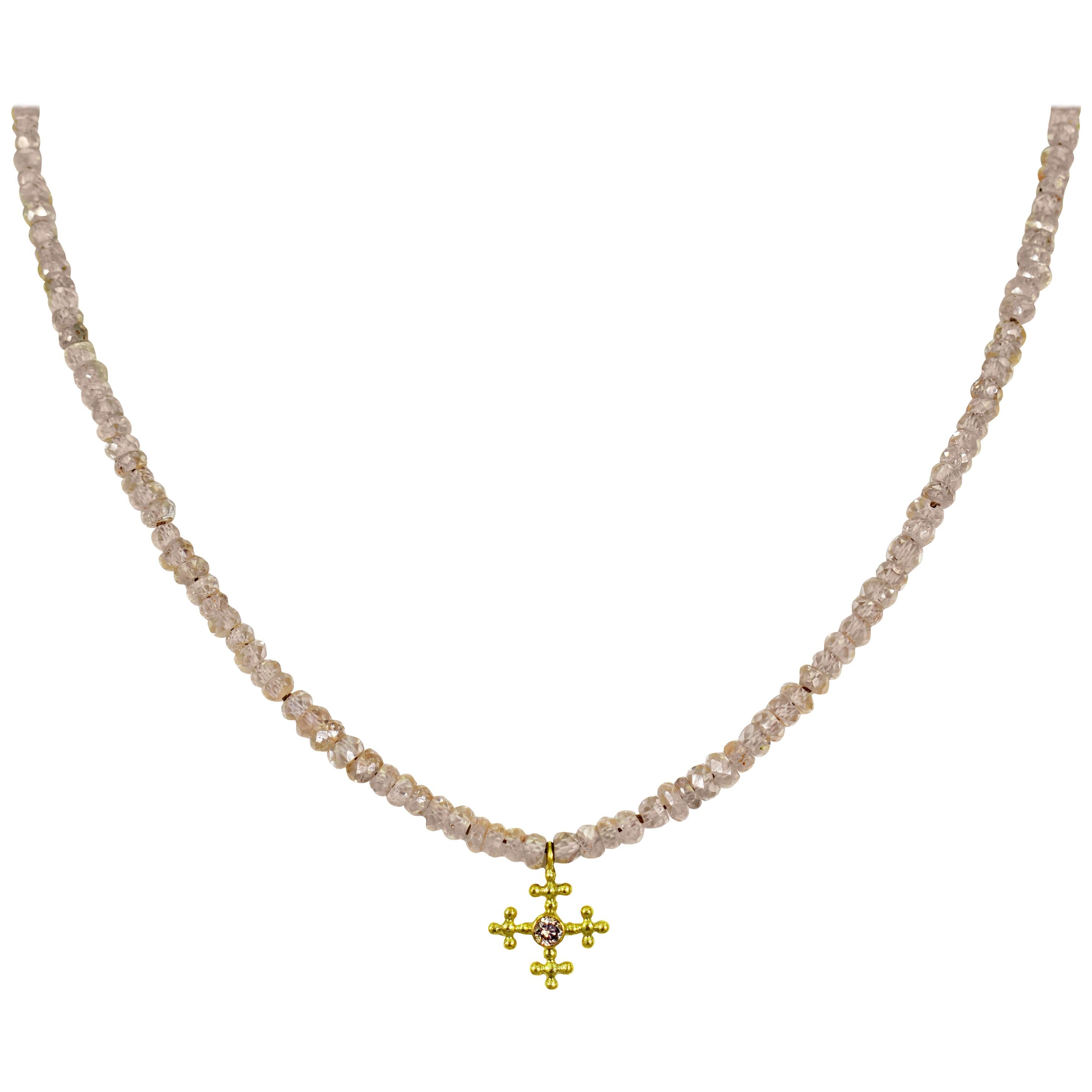 18 Karat Gold and Diamond Cross Pendant on Champagne Topaz Beaded Necklace For Sale