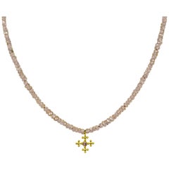 18 Karat Gold and Diamond Cross Pendant on Champagne Topaz Beaded Necklace