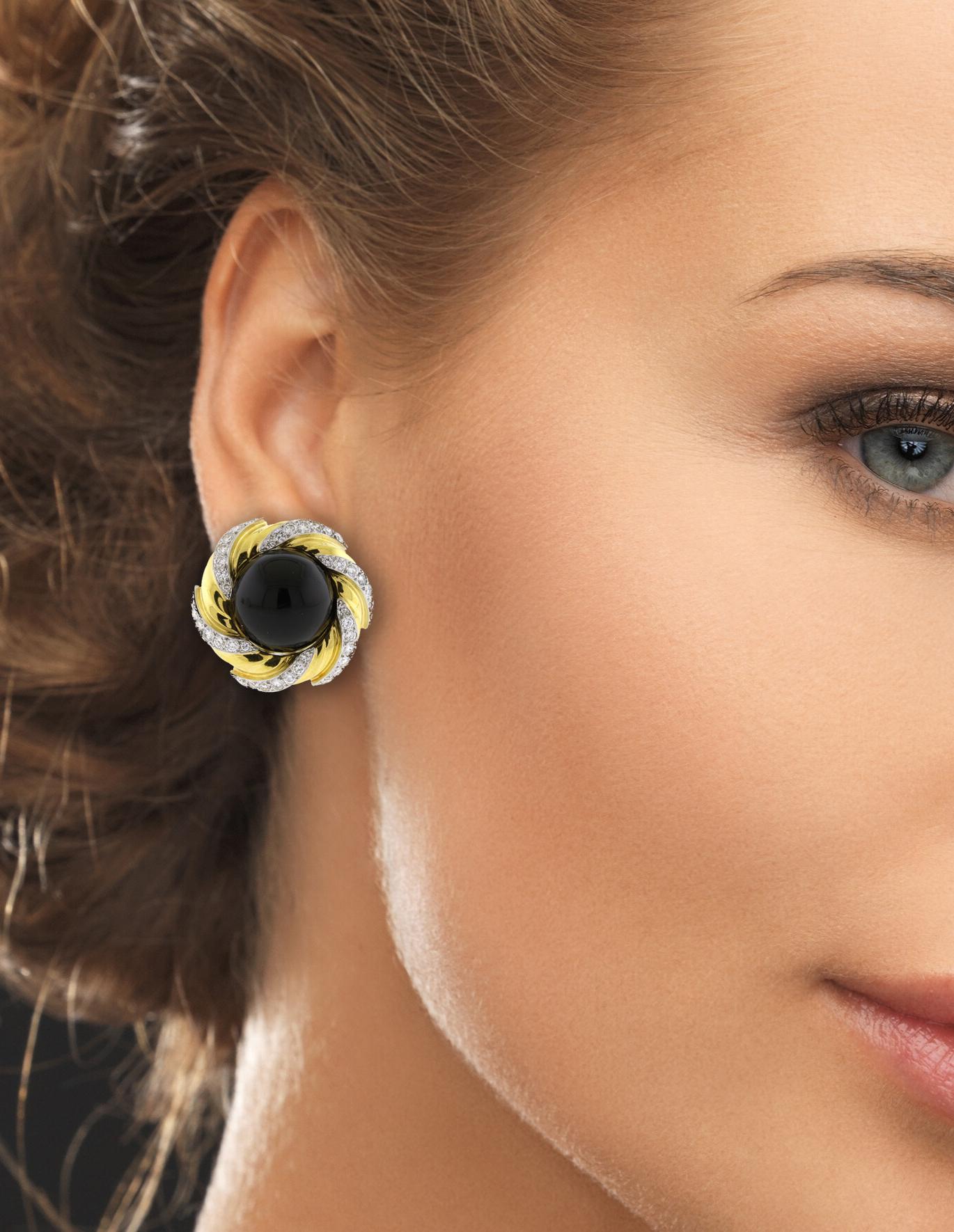 Women's or Men's 18 Karat Gold and Diamond Earrings with Detachable Black Onyx Center