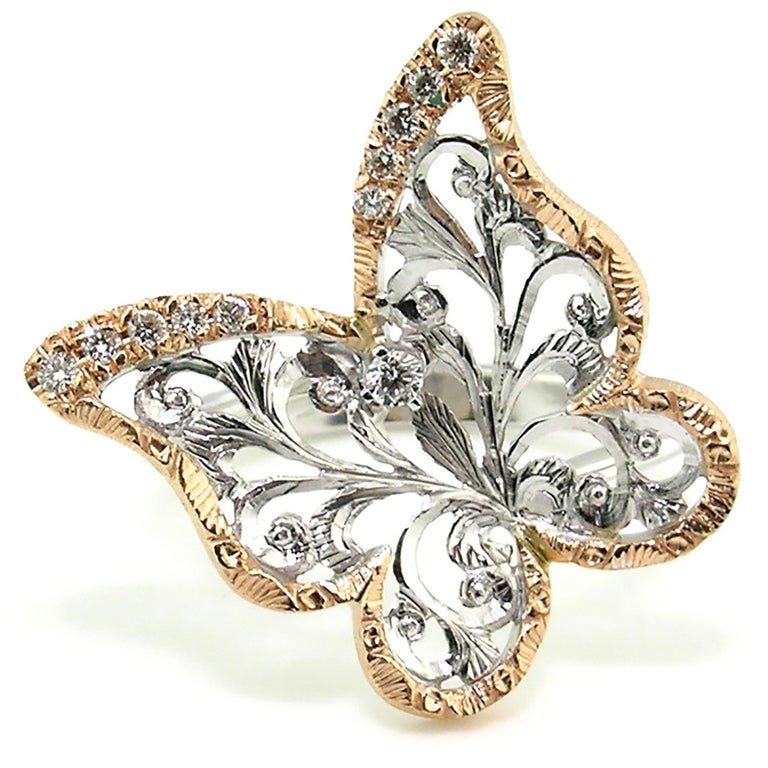 18 Karat Gold and Diamond Engraved Butterfly Ring, Handmade in Florence