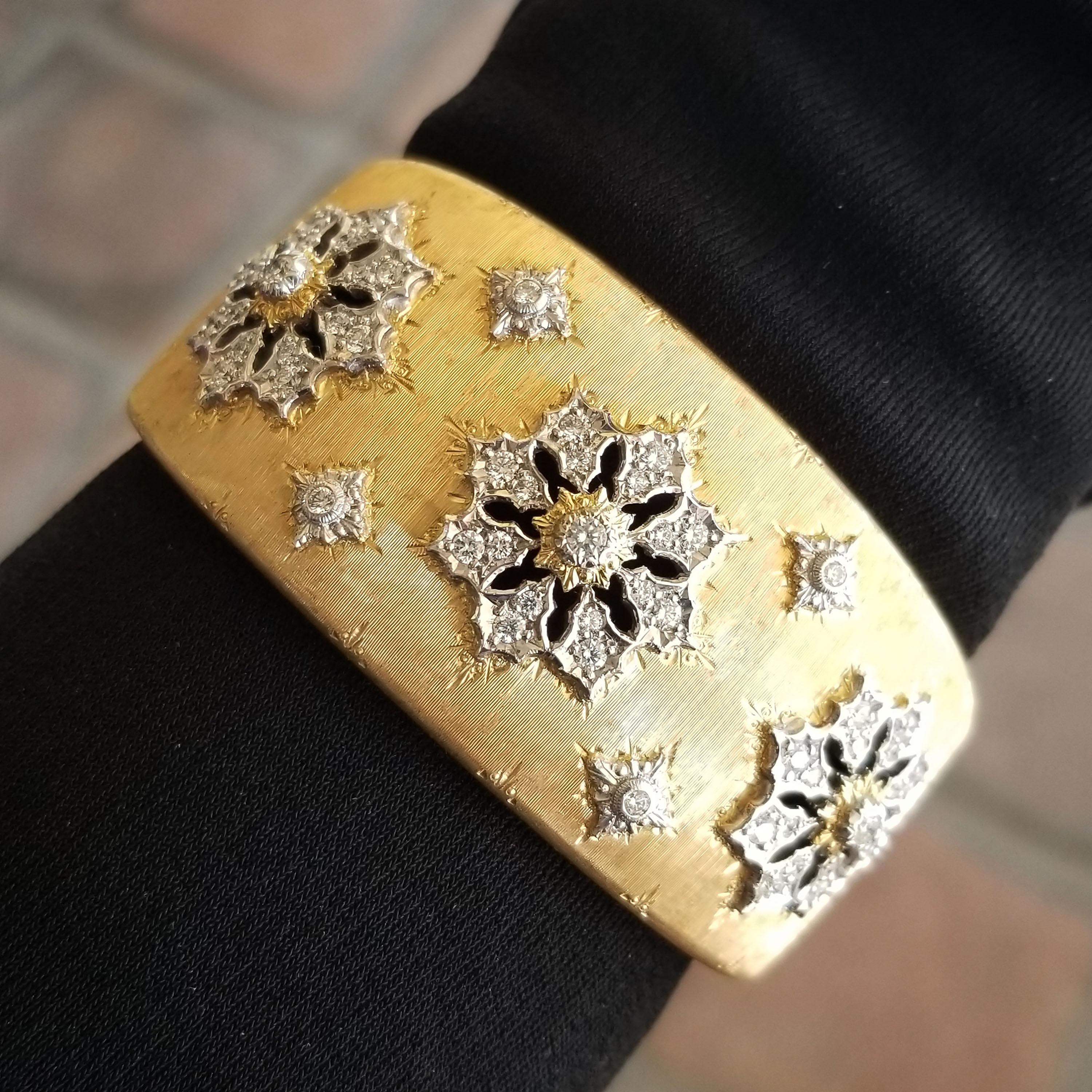 Pieces from the Liliana collection feature a lily of the valley motif, gorgeously executed in 18kt gold and exceptional diamonds. This hinged cuff, with 1.64ct of truly beautiful diamonds, is an exceptional example of an old-world style that is