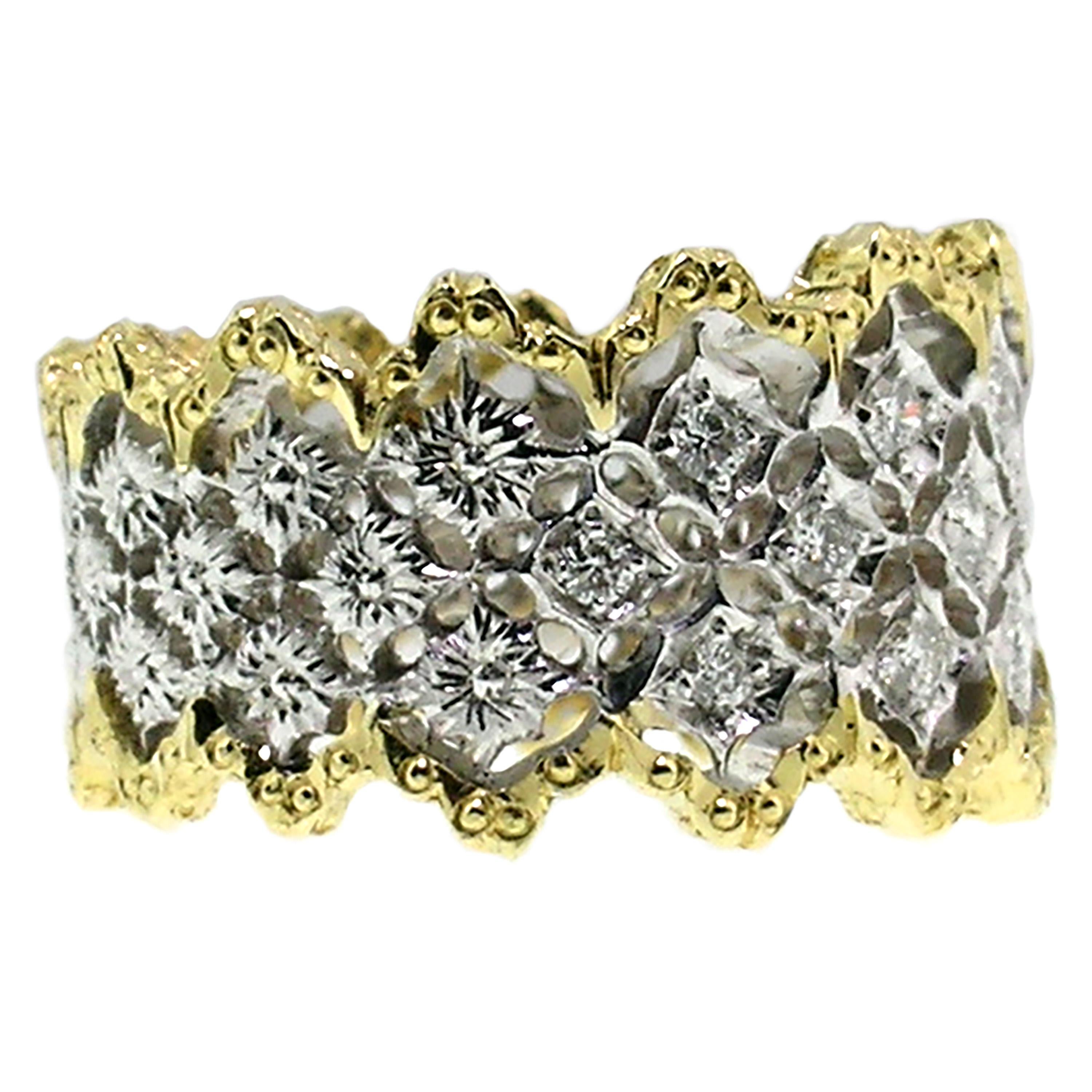 The Caprice band is high impact in the most refined way possible. This wide band with crenulated edges commands attention, but the lacy presentation of gold and diamonds keeps the style airy and light.

This particular version of this ring is