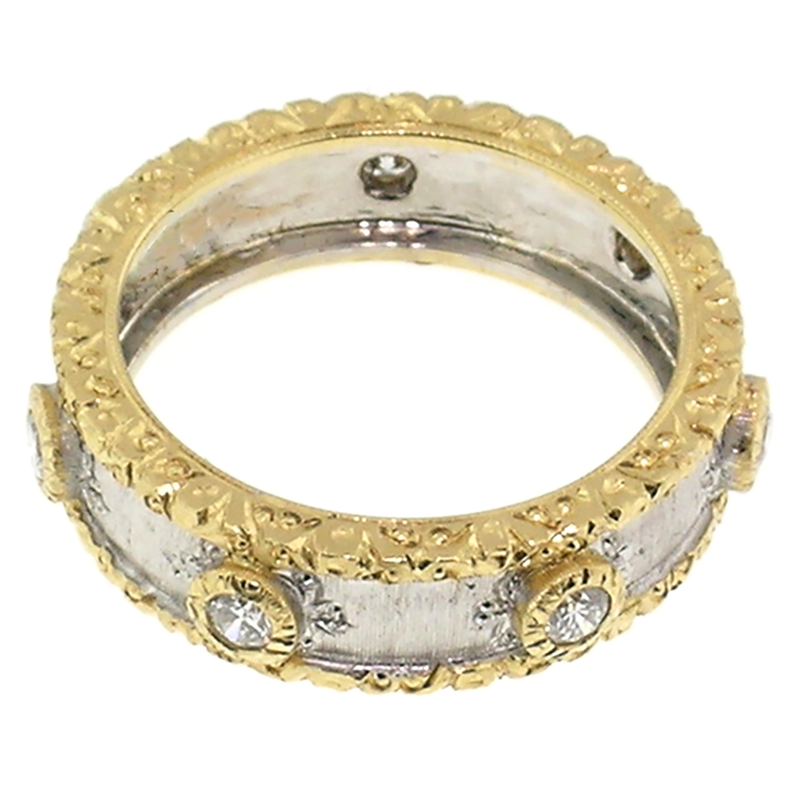 Women's 18 Karat Gold and Diamond Eternity Band, Handmade and Hand-Engraved in Italy