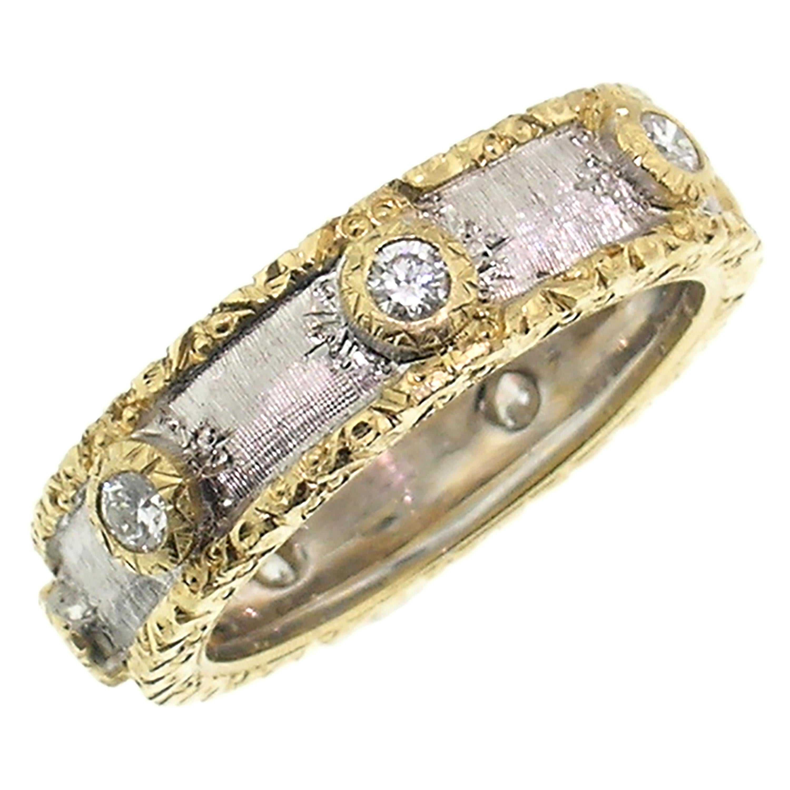 18 Karat Gold and Diamond Eternity Band, Handmade and Hand-Engraved in Italy