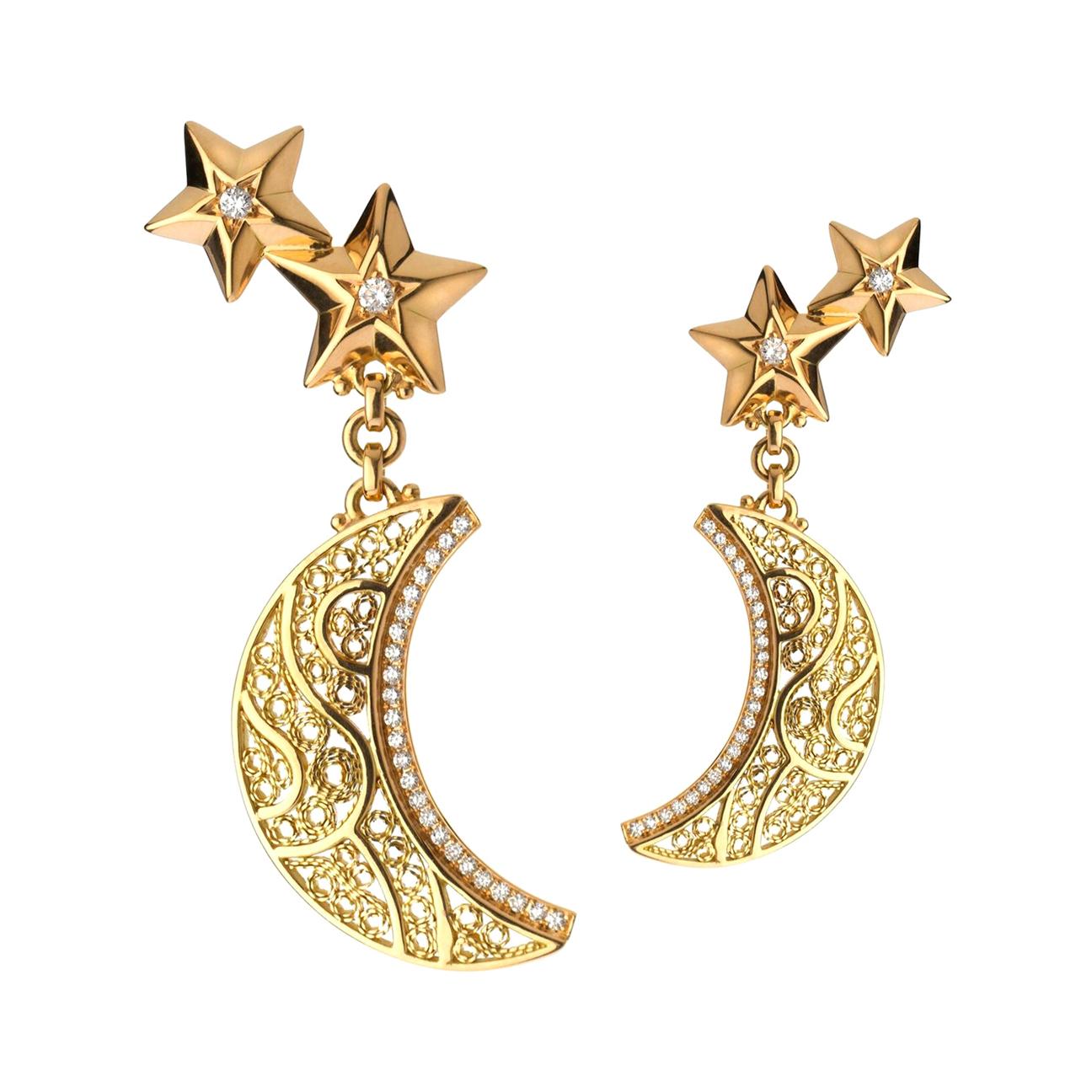 18 Karat Gold and Diamond Filigree Crescent Moon and Stars Earrings For Sale