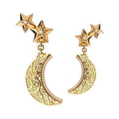 18 Karat Gold and Diamond Filigree Crescent Moon and Stars Earrings